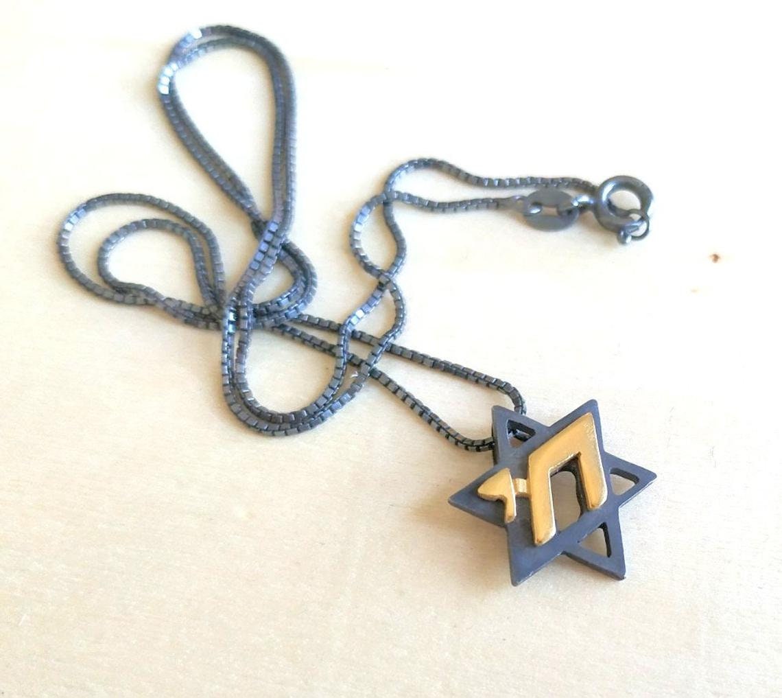 Star of David Chai Necklace, Two Tone Oxidized Silver Gold Jewish Pendant, Hebrew Gift Barr Designs