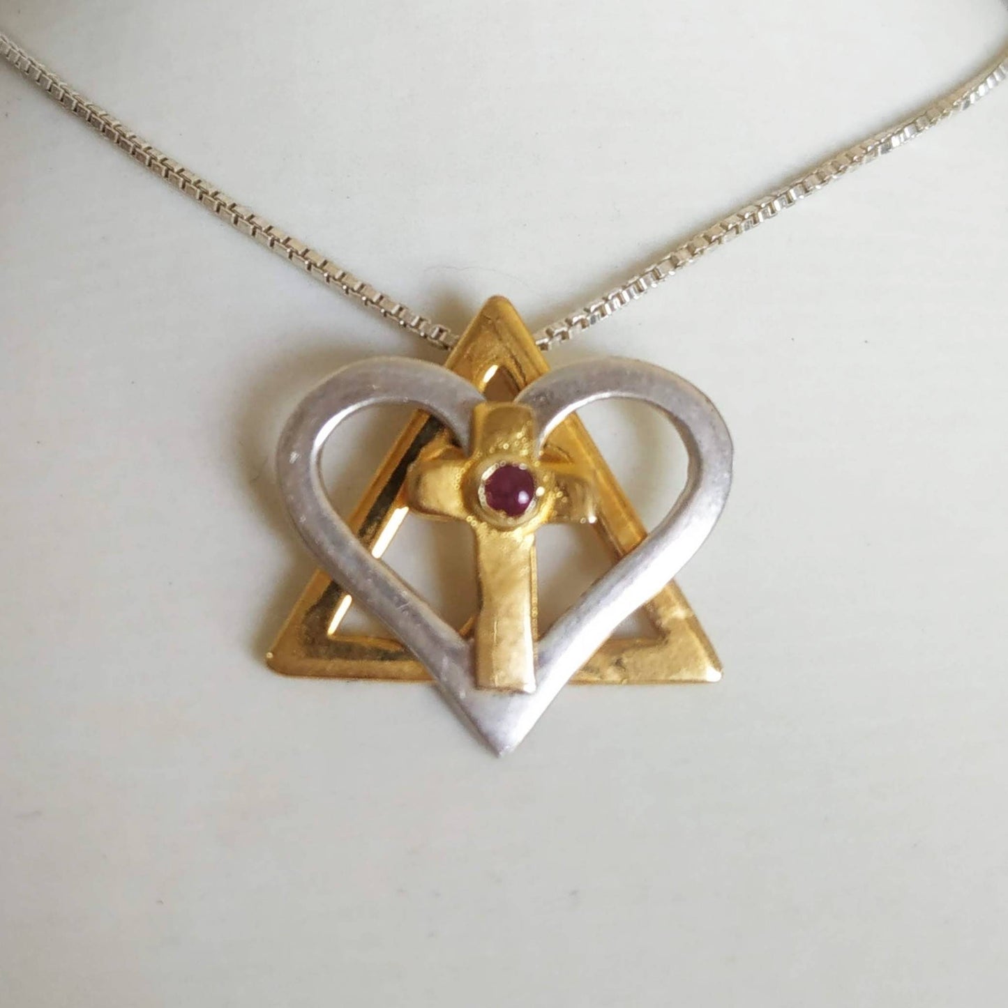 Silver and Gold Star of David cross necklace, interfaith Messianic Jewish Christian pendant, Red Ruby heart necklace, born again jewelry