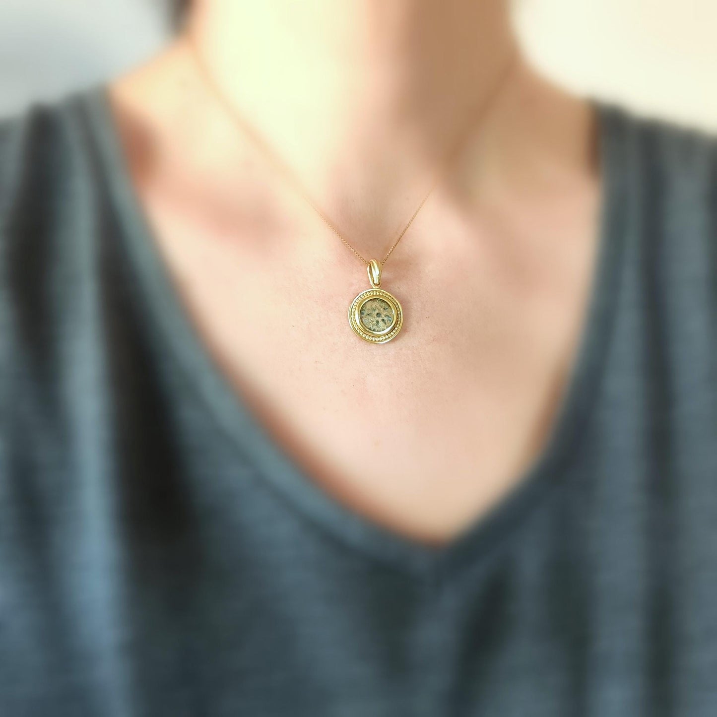 Antique widow's mite coin necklace, Biblical Coin Medallion, Ancient Judea bronze Prutah, Christian Jesus jewelry