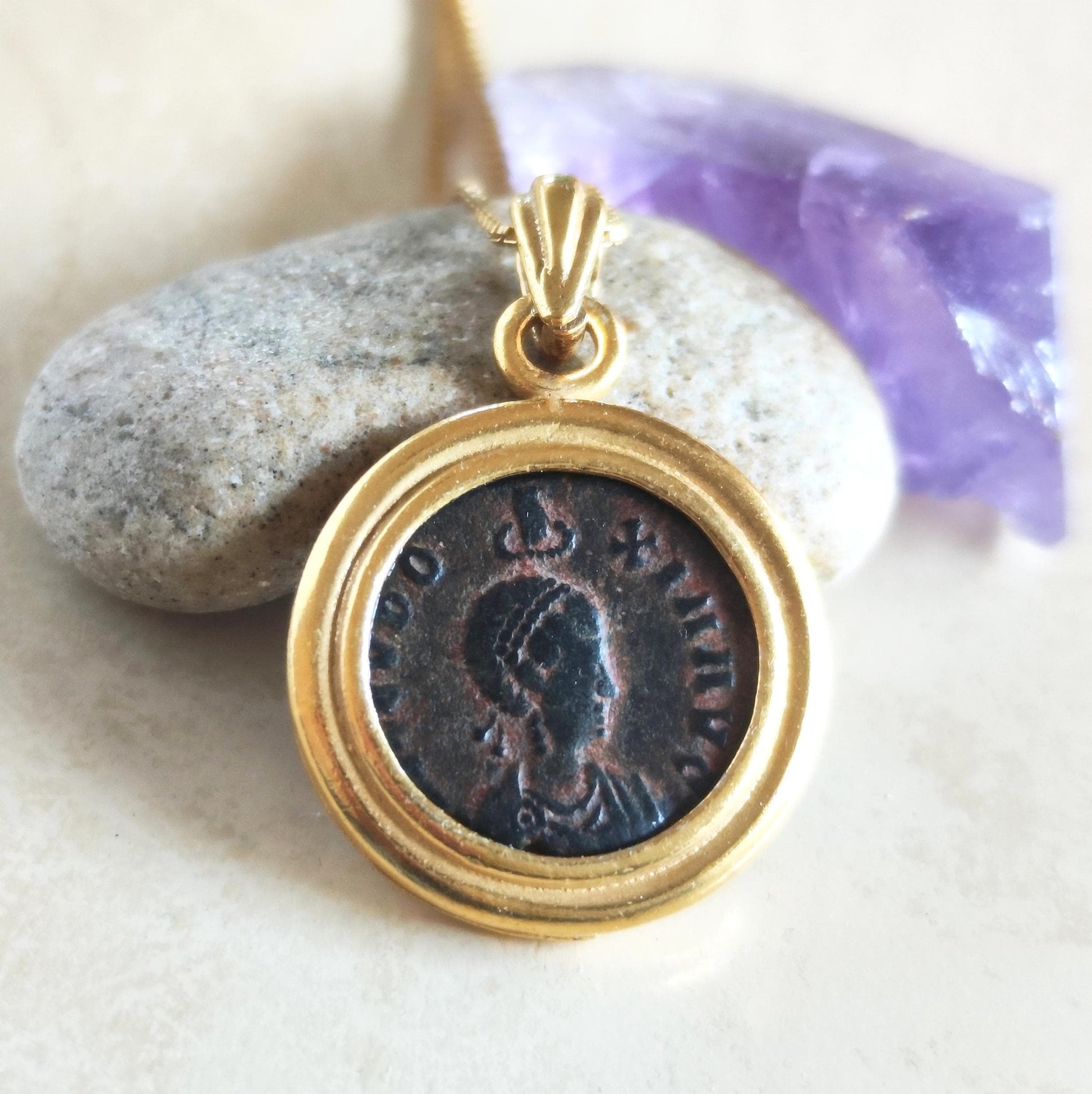 Ancient Roman Coin Necklace: Empress Aelia Eudoxia Christian Orthodox Medallion, Gold Plated Barr Designs