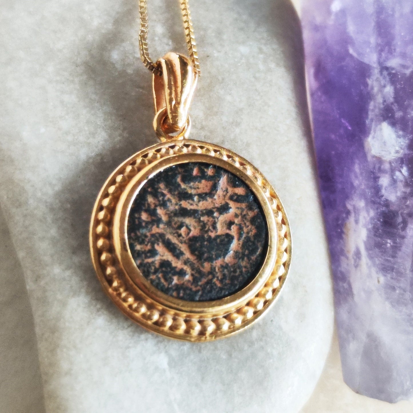 Ancient Masada Coin necklace, First Jewish Revolt Real Bronze Prutah Pendant, Jerusalem Second Temple coin, Roman Amphora Grape Leaf