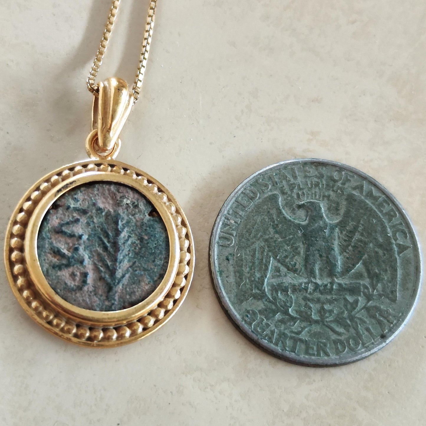 Ancient Roman Nero Coin Necklace: 18K Gold Plated Sterling Silver, Palm Branch Prutah Barr Designs