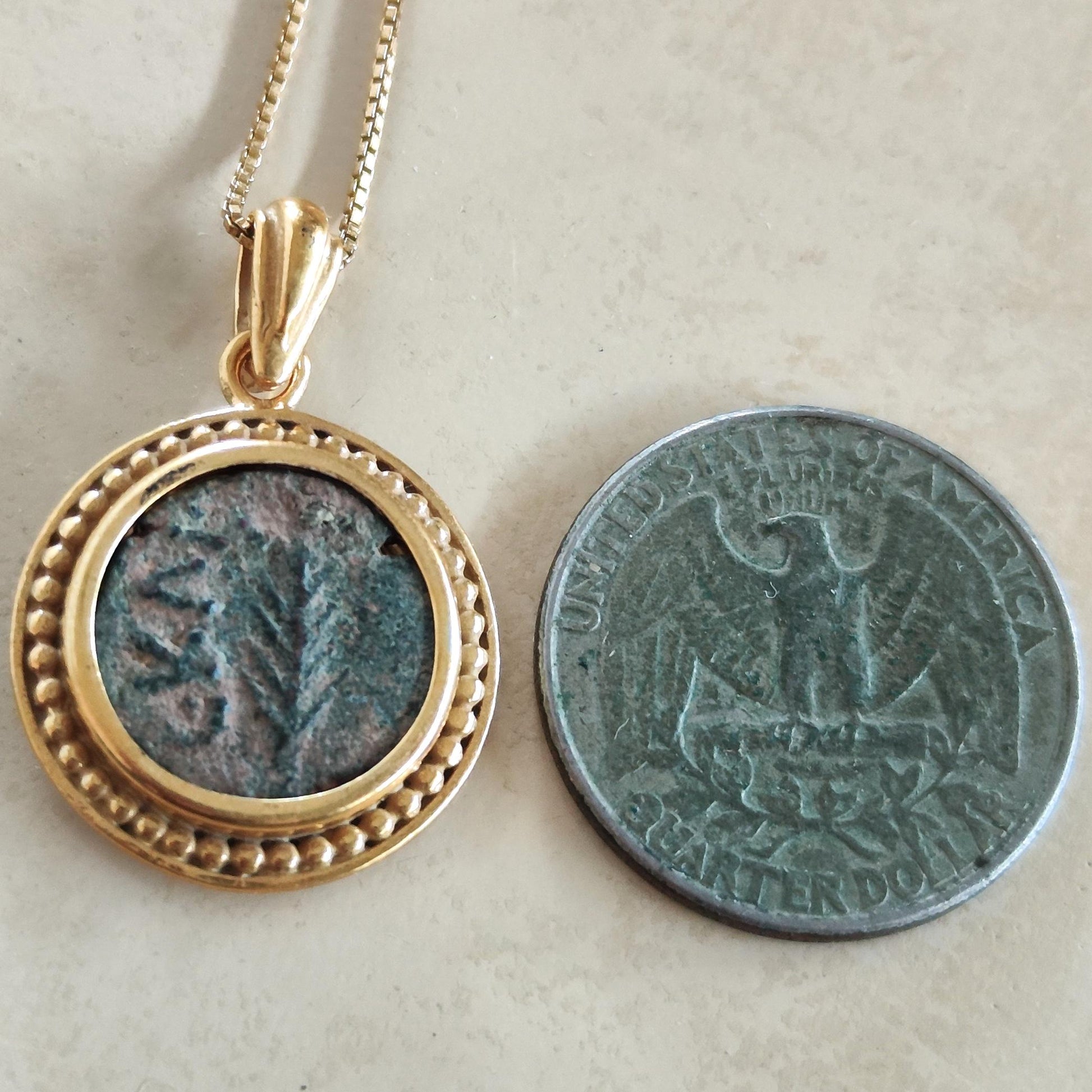 Ancient Roman Nero Coin Necklace: 18K Gold Plated Sterling Silver, Palm Branch Prutah Barr Designs