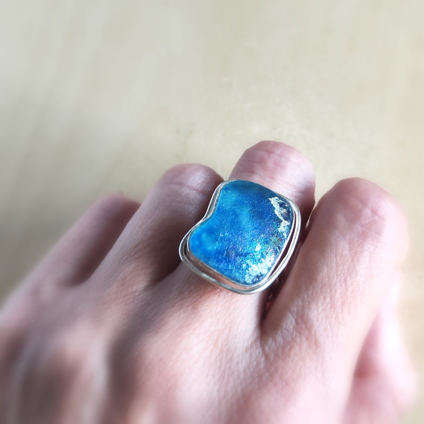 Ancient Roman Glass Silver Adjustable Ring, Iridescent Roman Glass Ring, Blue Pink Glass ring, Israel holy land jewelry