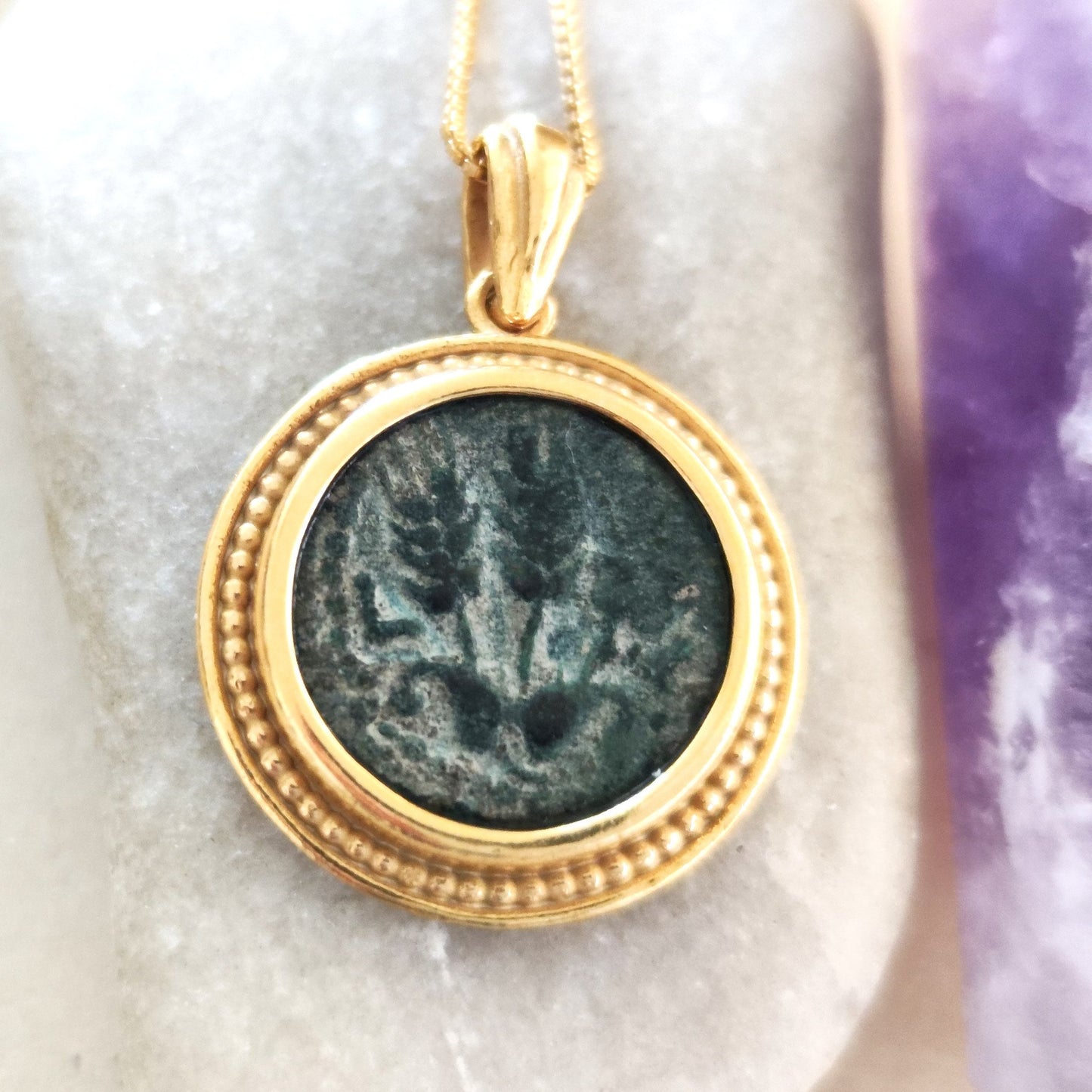 Ancient Jewish King Herod Agrippa bronze coin necklace, Herodian Roman coin gold plated Pedant, vintage coin medallion, Jewish Judea pendant