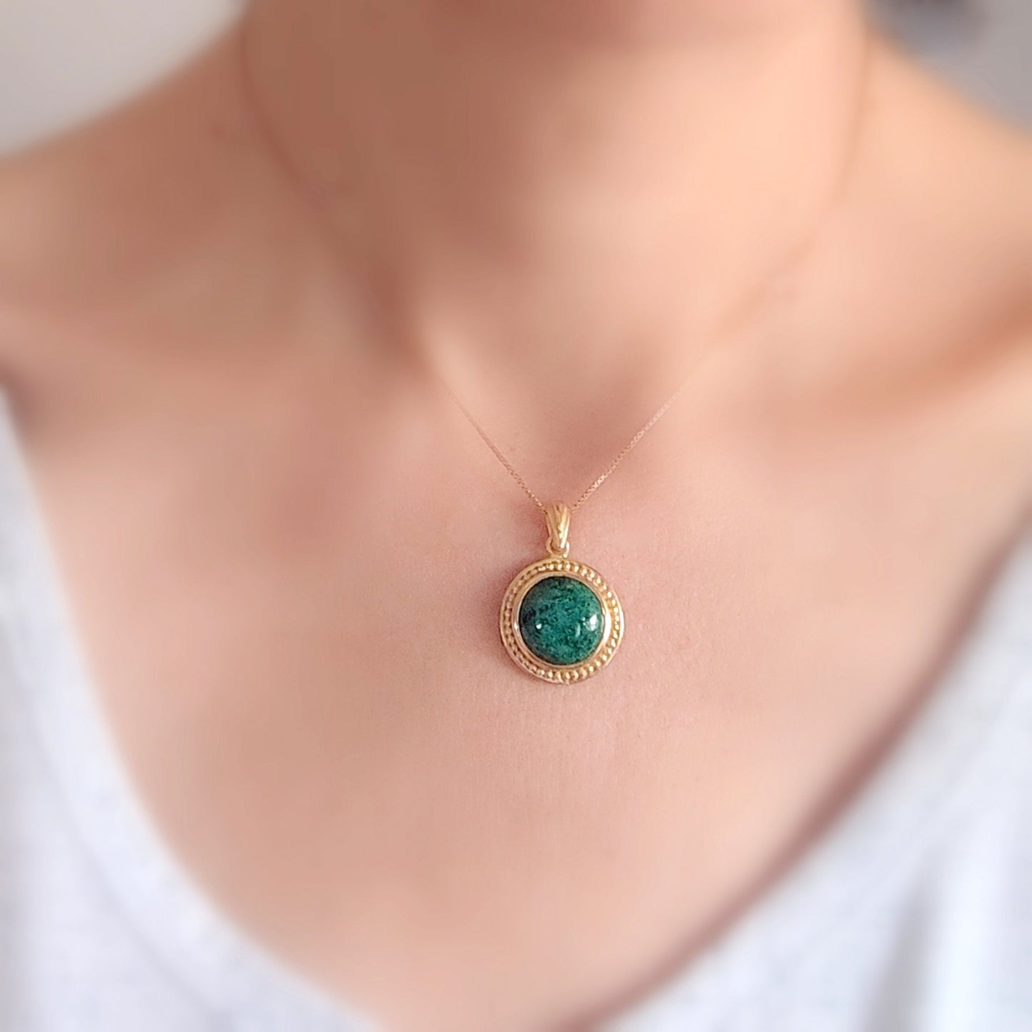 Eilat Stone Gold Plated Necklace, Green Turquoise Pendant, King Solomon Mines stone, Israeli Jewelry, Chrysocolla Malachite mineral gemstone