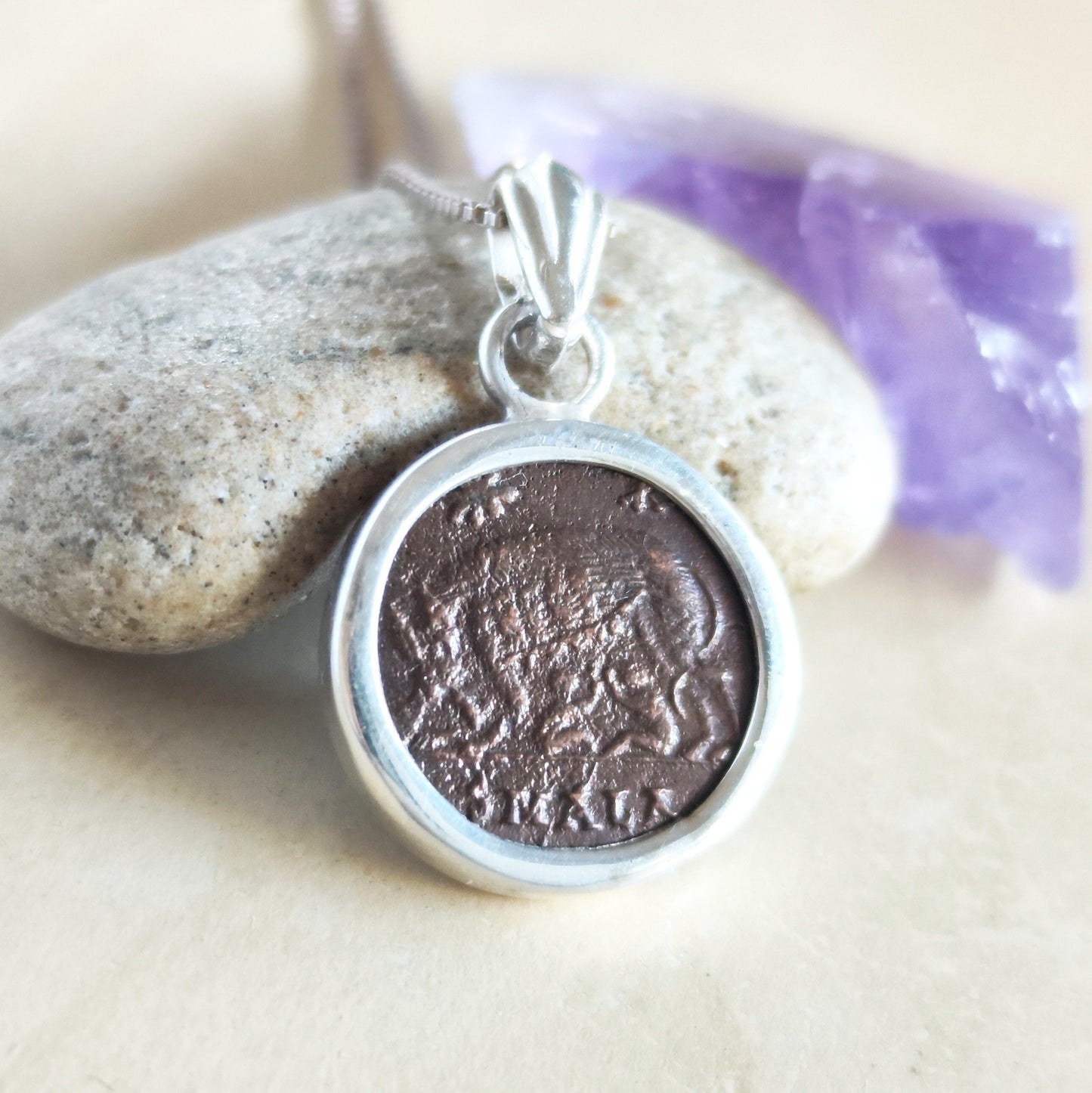 Antique Constantine She Wolf Coin Necklace, Ancient Roman Romulus & Remus Small Bronze Coin Pendant, Vintage Silver Medallion gift for him