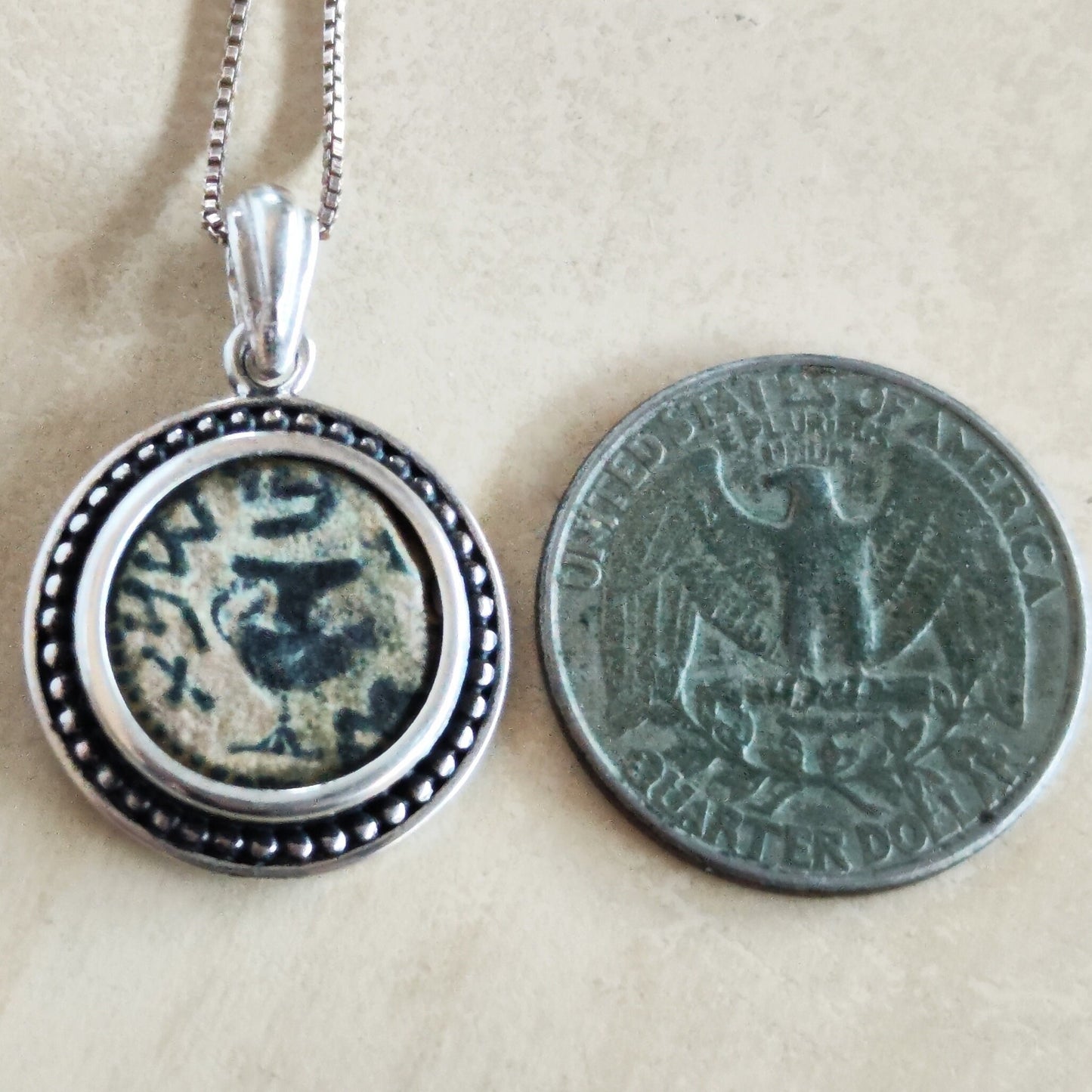 Antique Jewish Revolt Masada Coin Silver Necklace, Ancient Jerusalem Second Temple Bronze Prutah Pendant, Roman Amphora Grape Vine Medallion
