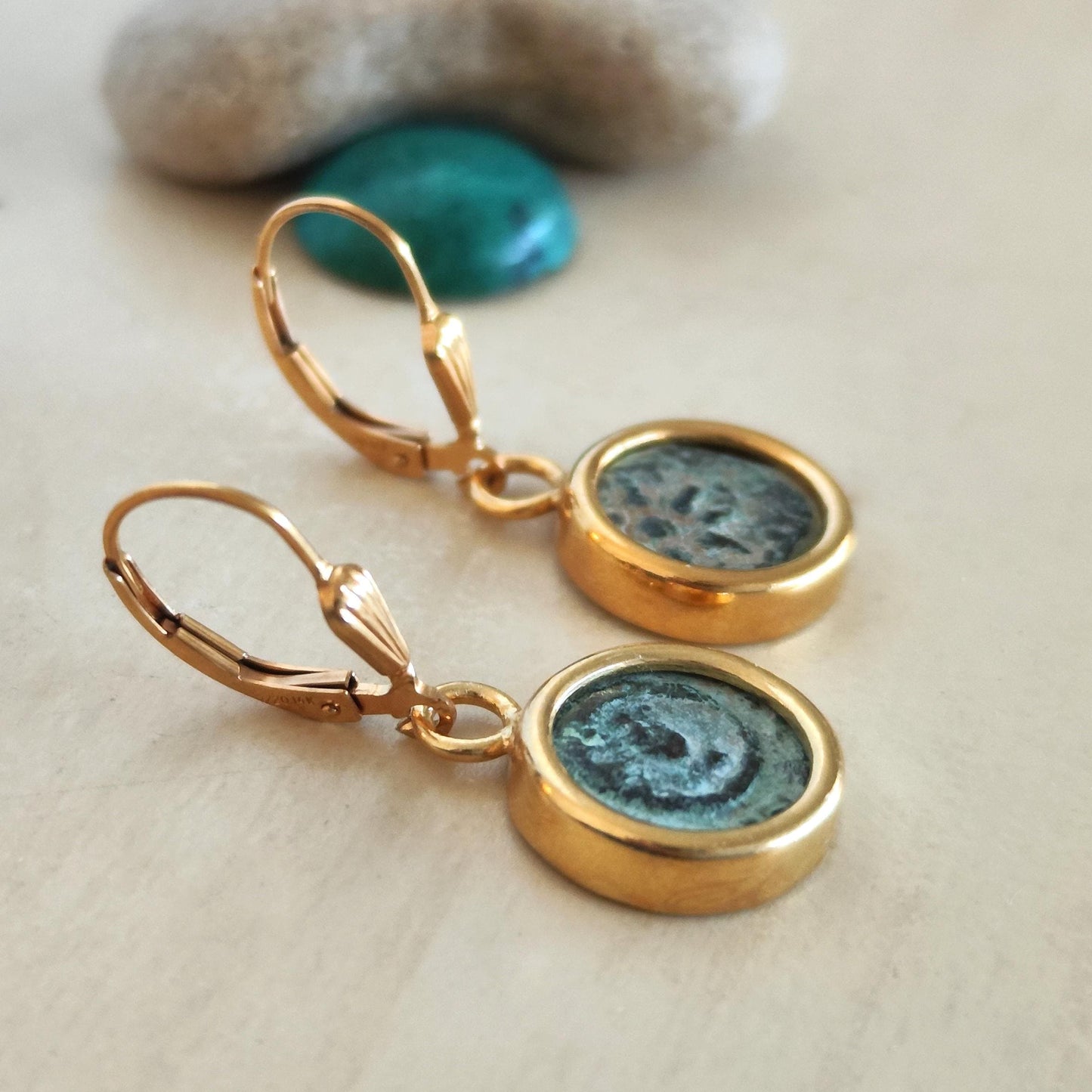 Ancient Biblical Coin Dangle Earrings: New Testament Widow's Mite set in 18K Gold Plated Sterling Silver Barr Designs