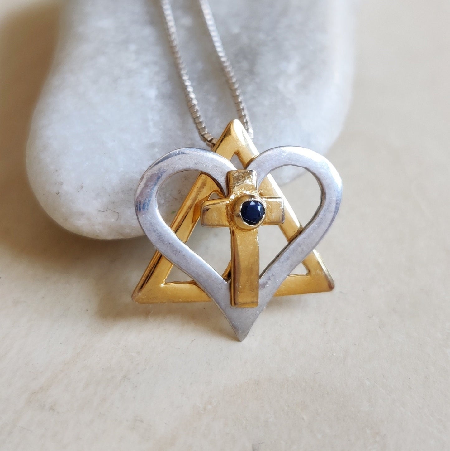 Silver and Gold Star of David cross necklace, interfaith Messianic Jewish Christian pendant, Blue Sapphire heart pendant, born again jewelry