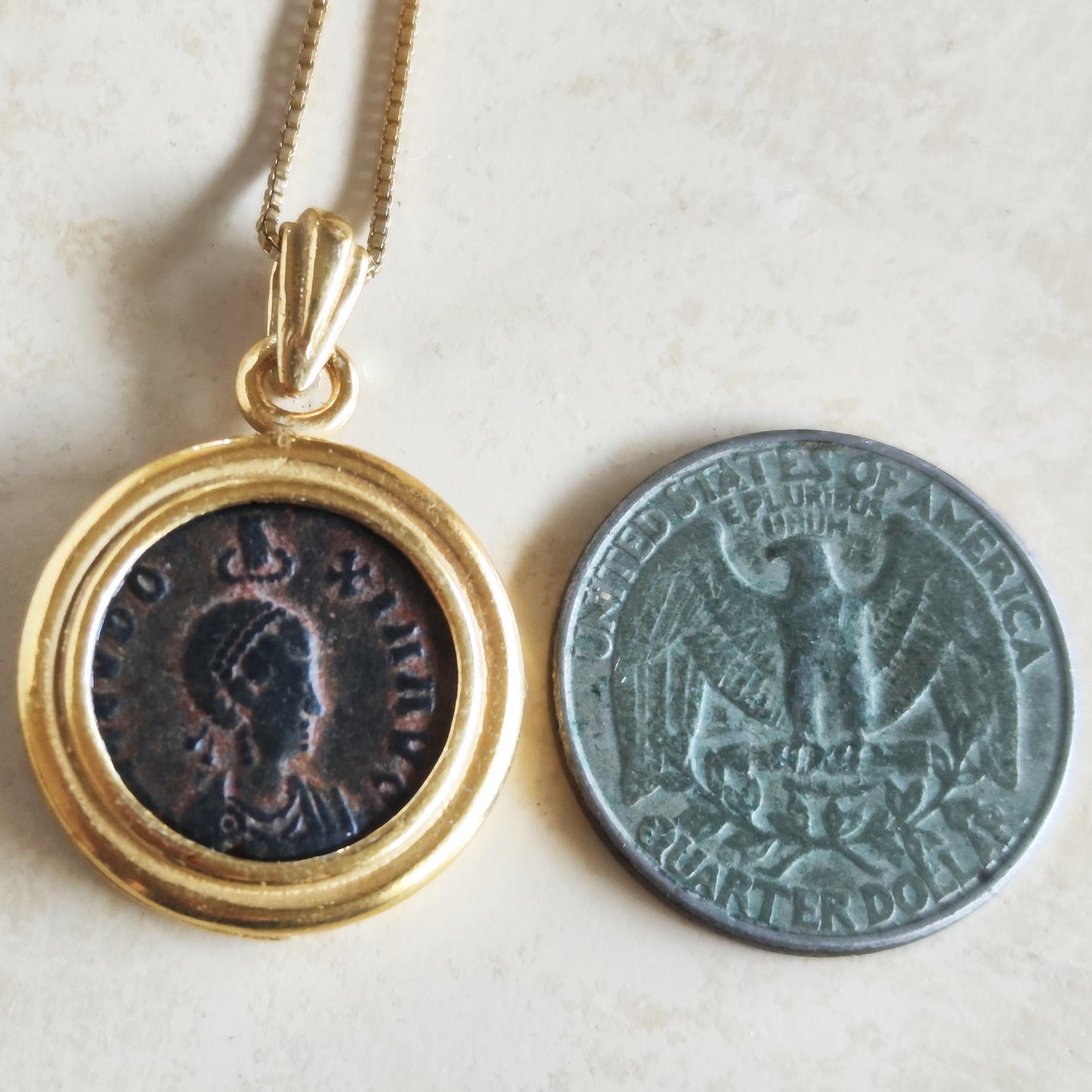 Ancient Roman Coin Necklace: Empress Aelia Eudoxia Christian Orthodox Medallion, Gold Plated Barr Designs