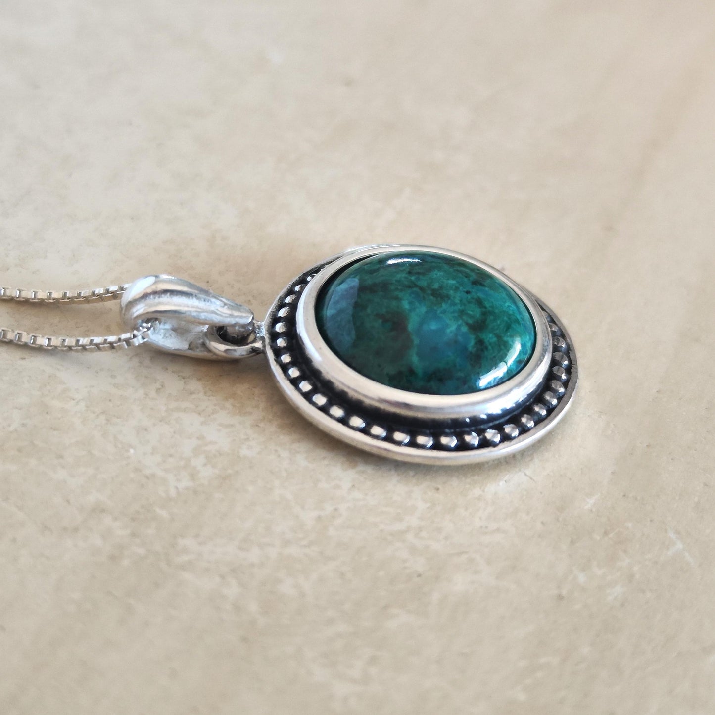 Multicolor Eilat Stone Silver Pendant, Turquoise Green gemstone jewelry, Round cabochon Blue necklace, Israeli jewelry, King Solomon Stone