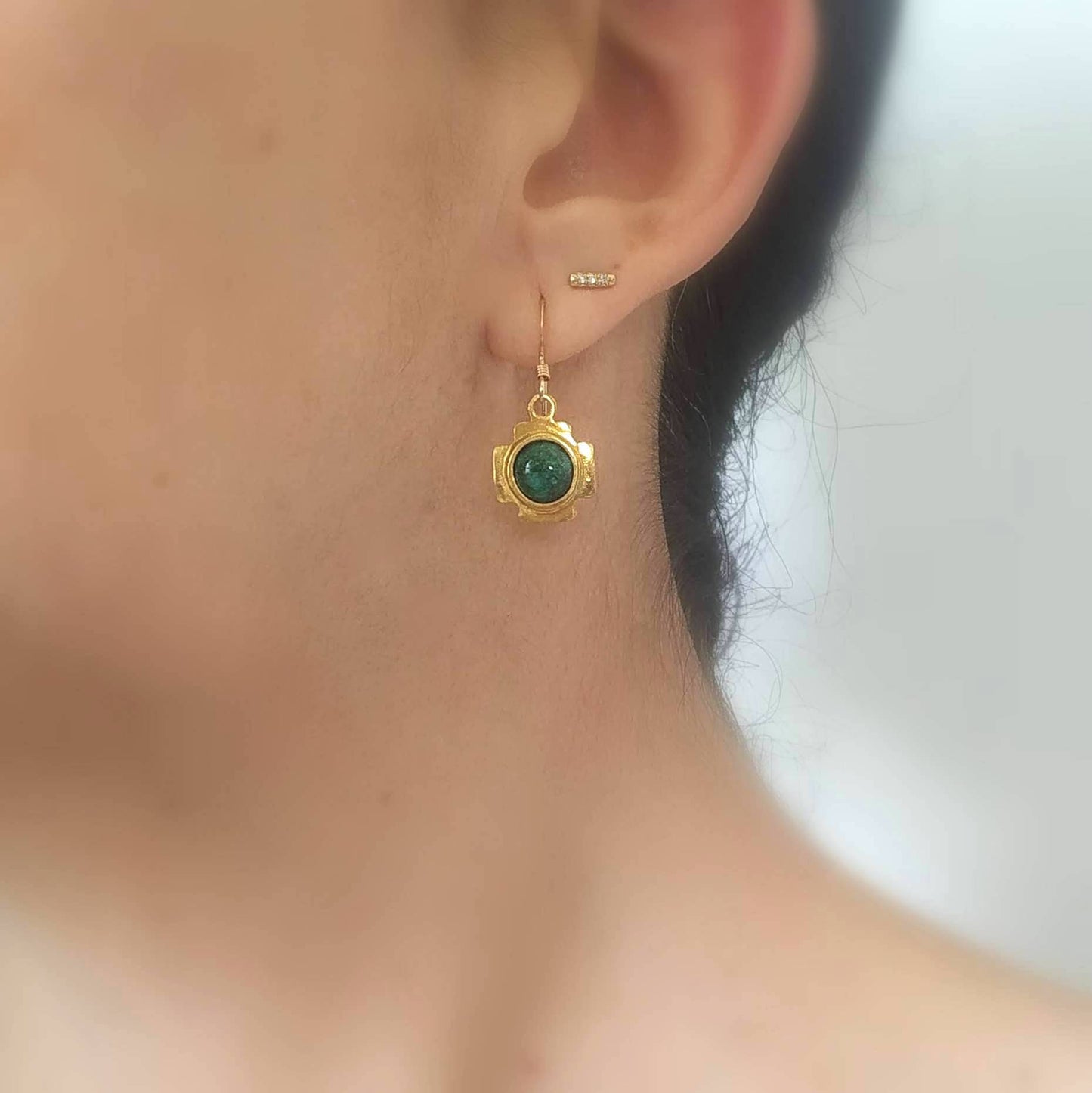 Jerusalem Cross Eilat Stone Dangle Earrings, Christian Gold Plated Gemstone Earrings, Green Malachite Chrysocolla Cabochon, Israeli Jewelry