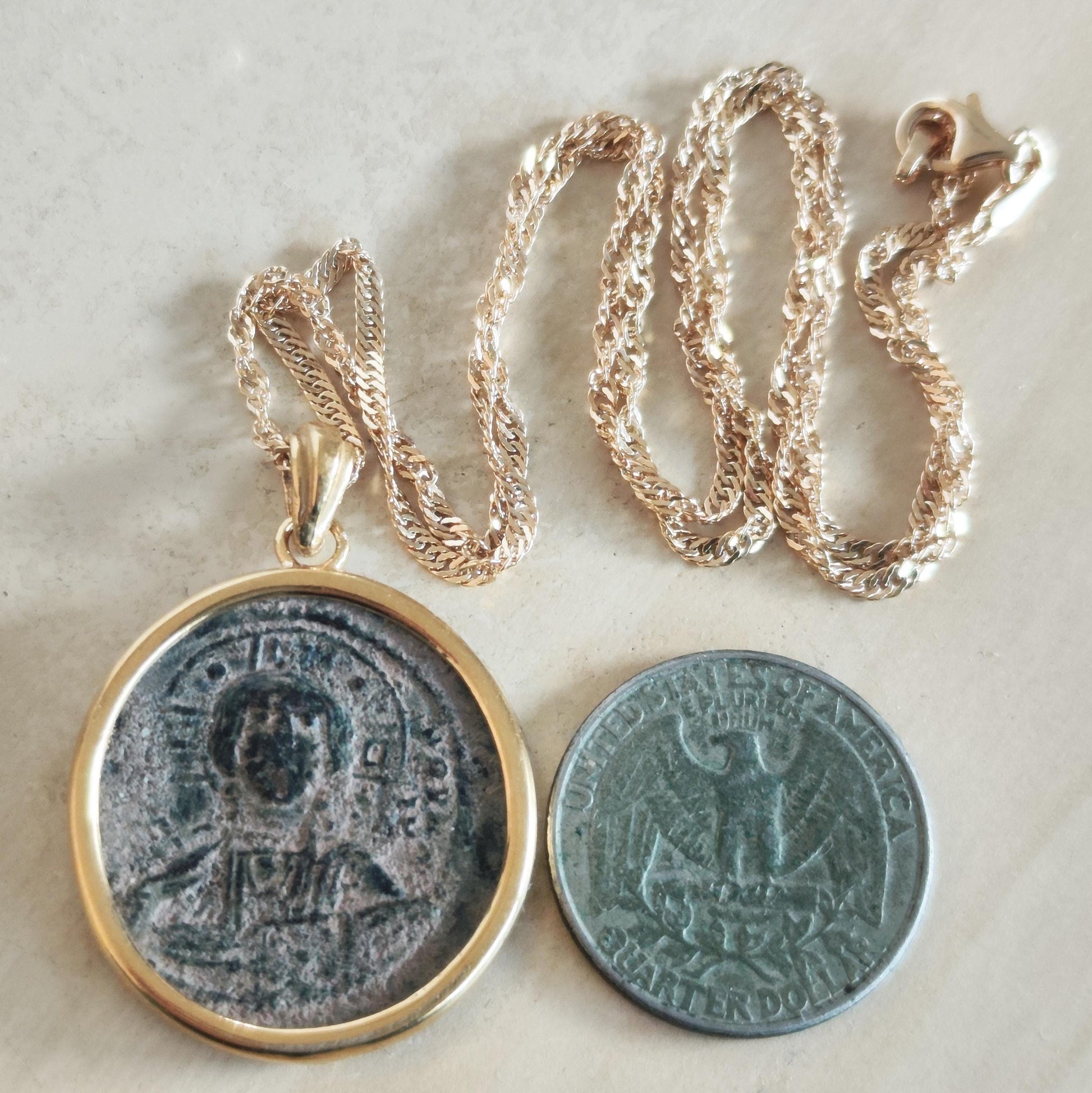 Jesus Christ Coin Pendant: Antique Byzantine Bronze Follis, Gold Plated Medallion Barr Designs