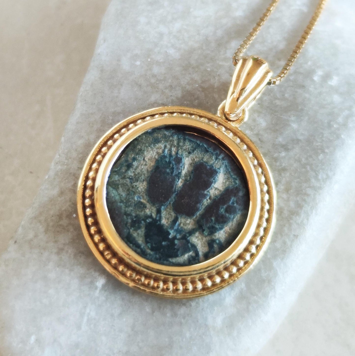 Ancient Roman Coin Gold Plated Necklace, King Herod Agrippa Bronze Coin, Vintage Coin Medallion, Jewish Judea Pendant, Women Coin Necklace