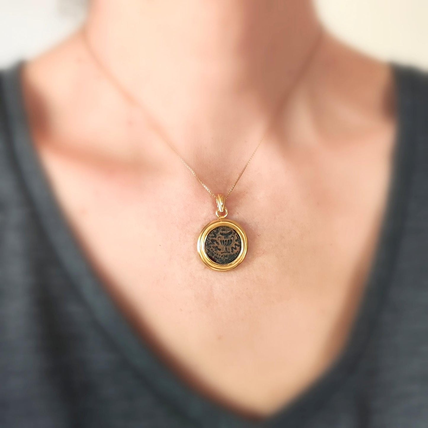 Ancient Masada Coin necklace, First Jewish Revolt Real Bronze Prutah Pendant, Jerusalem Second Temple coin, Roman Amphora Grape Leaf