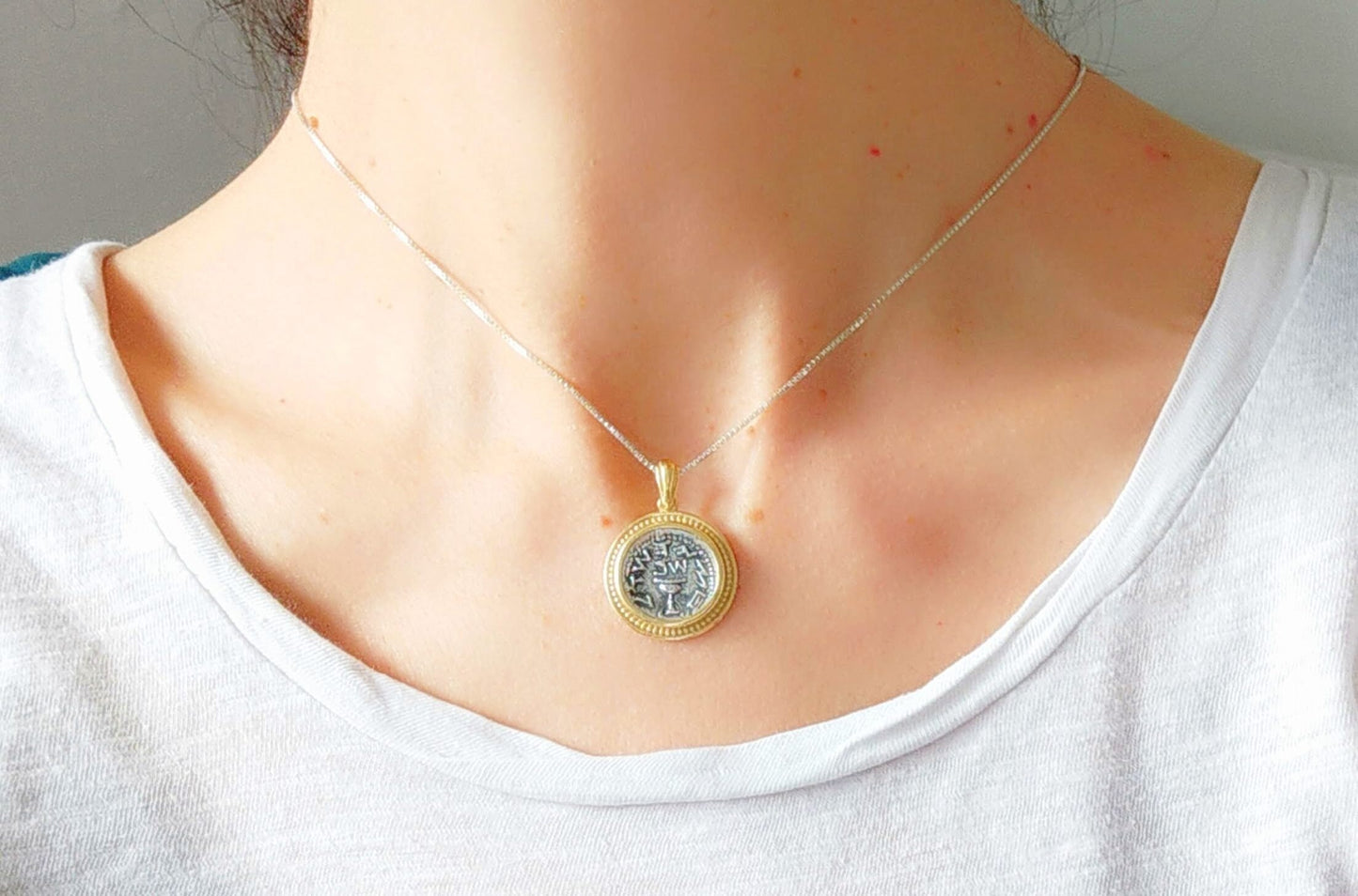 Ancient Silver Jewish Half shekel Coin Replica Necklace, Jewish Revolt Temple Tax Coin Pendant, gold plated Judaica, Christian men necklace