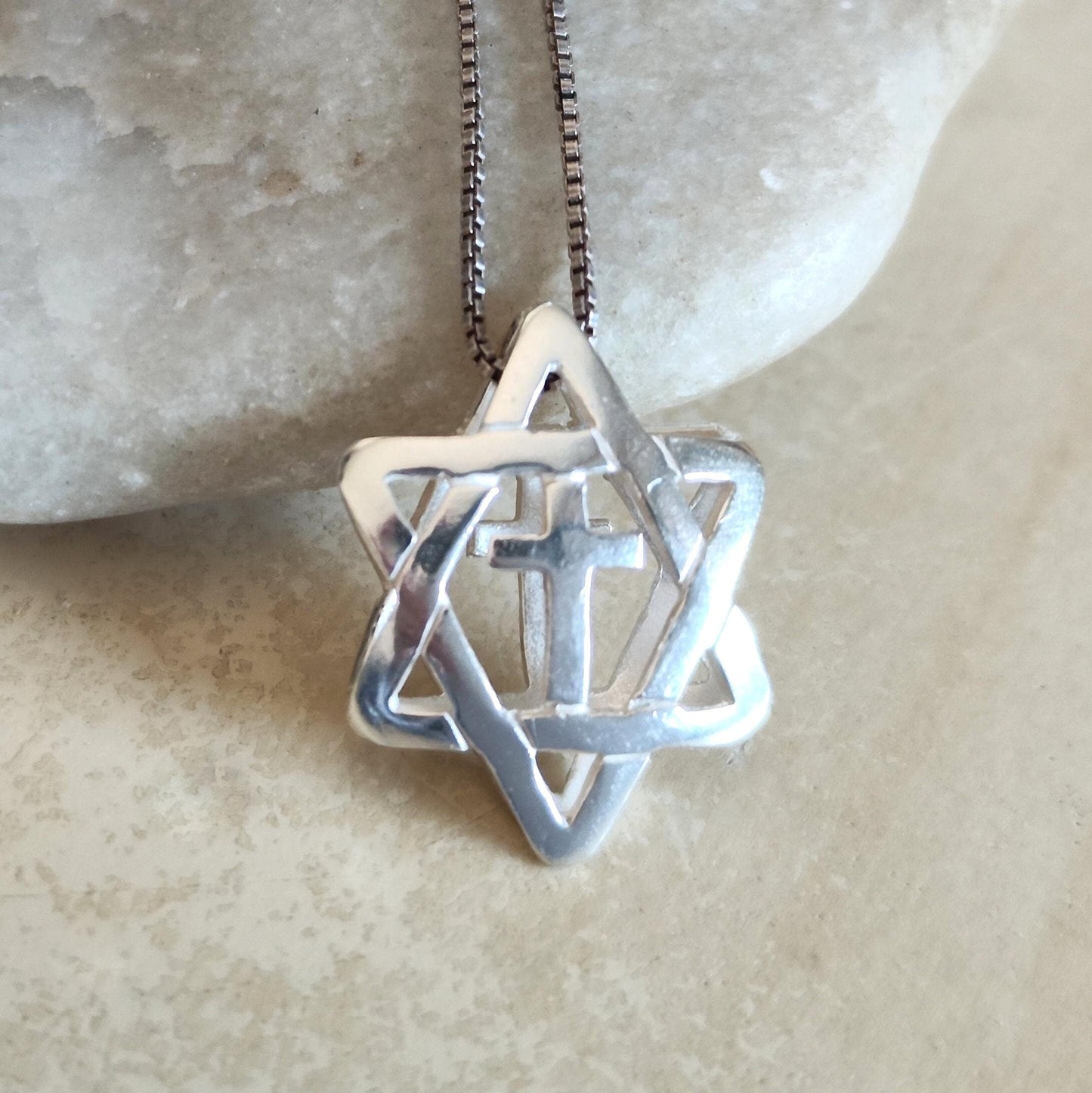 Sterling Silver Star of David with Cross Pendant: Messianic Interfaith Necklace Barr Designs