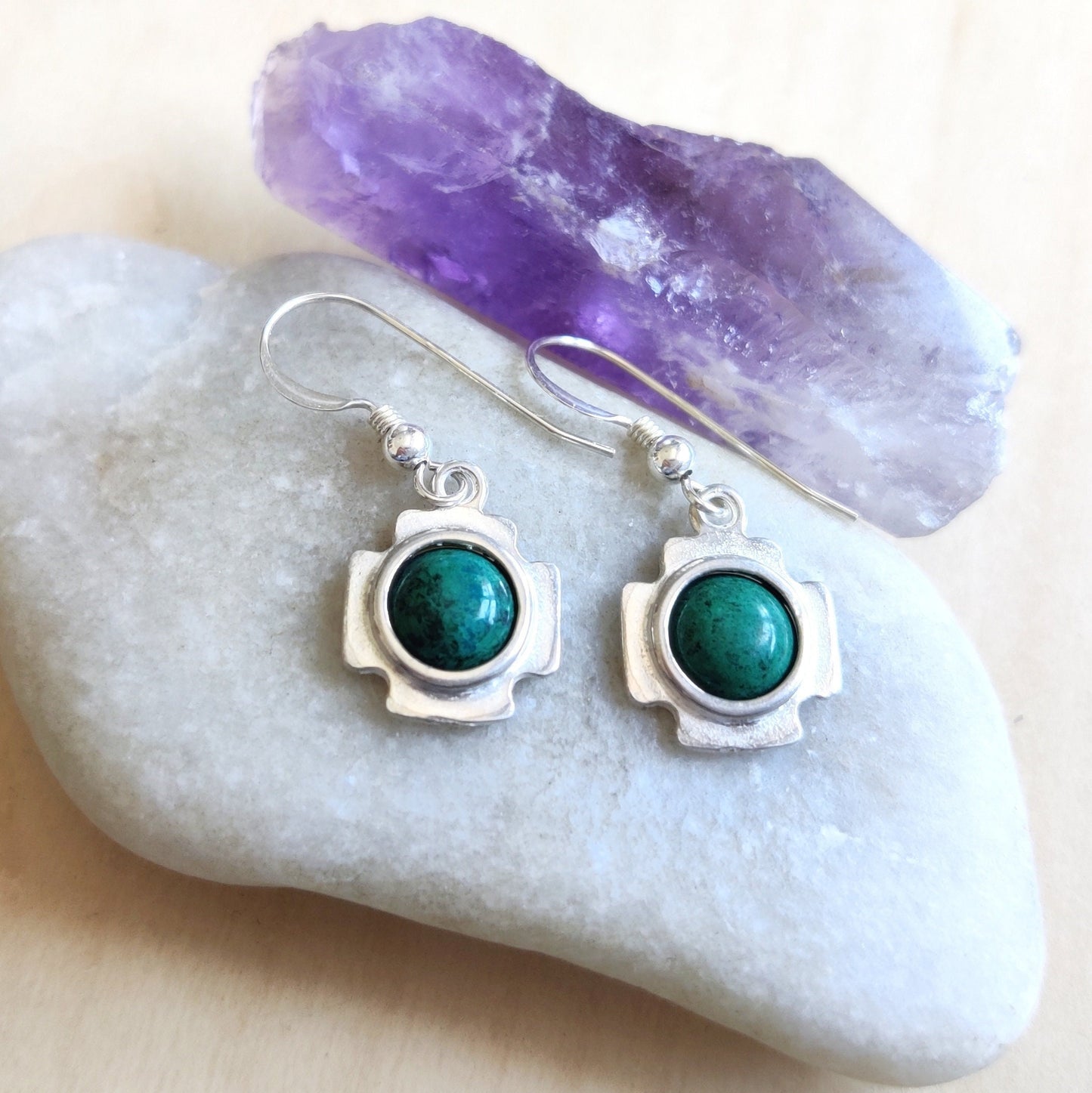 Christian Cross with Eilat Stone Earrings, Green Silver Dangle earrings, King Solomon Stone, Holy Land Gift for Her