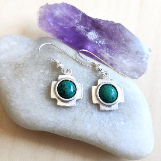 Christian Cross with Eilat Stone Earrings, Green Silver Dangle earrings, King Solomon Stone, Holy Land Gift for Her
