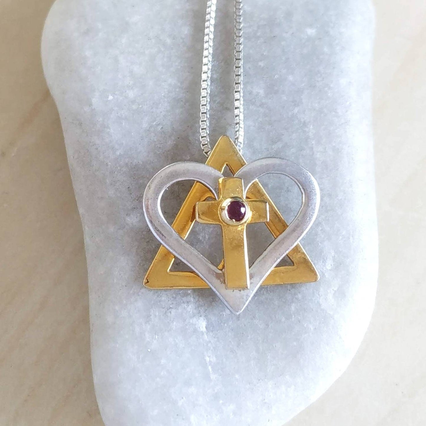 Silver and Gold Star of David cross necklace, interfaith Messianic Jewish Christian pendant, Red Ruby heart necklace, born again jewelry