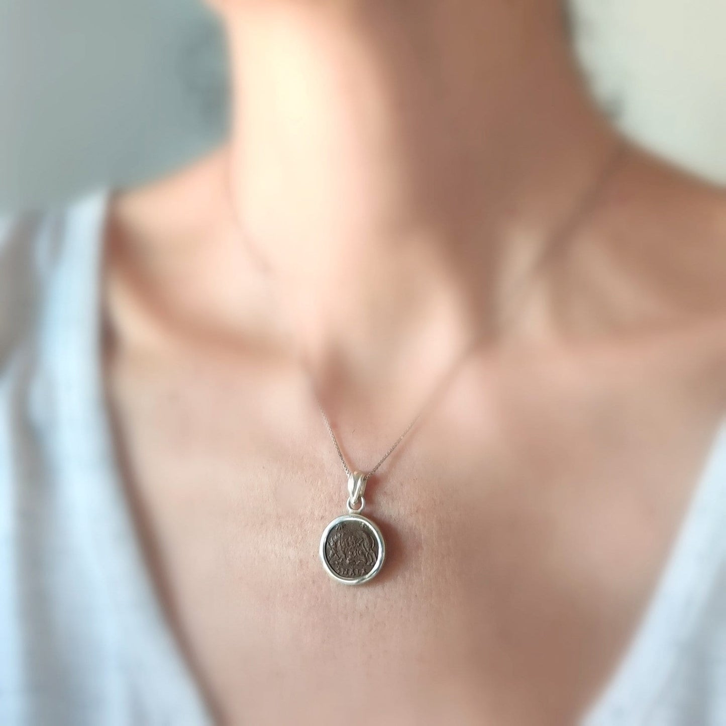 Antique Constantine She Wolf Coin Necklace, Ancient Roman Romulus & Remus Small Bronze Coin Pendant, Vintage Silver Medallion gift for him