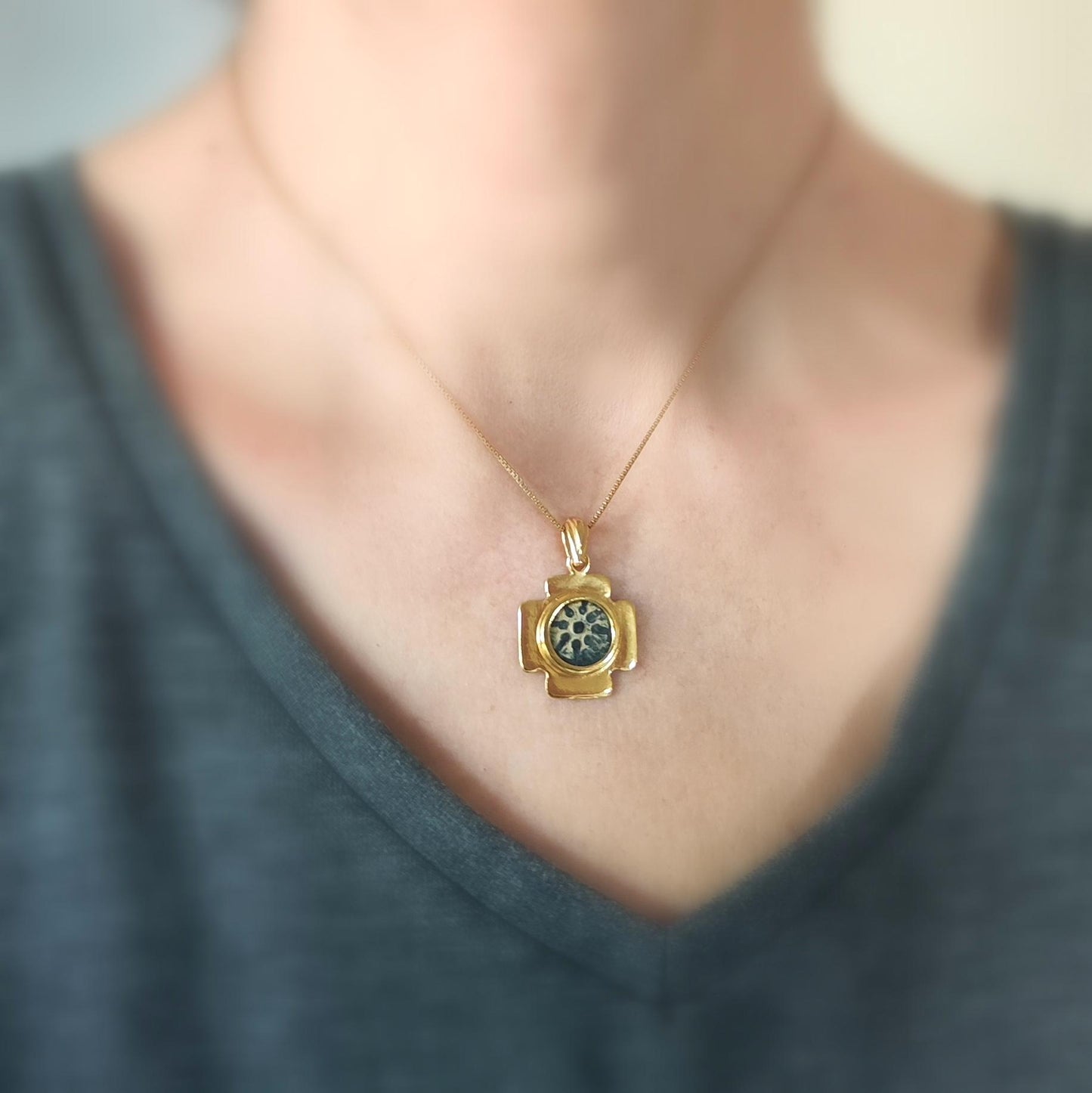 Authentic Widow's Mite Coin Cross Necklace, Jerusalem Cross Gold Plated Pendant, Christian Jewelry, Antique Coin Necklace, Jesus Coin Gift