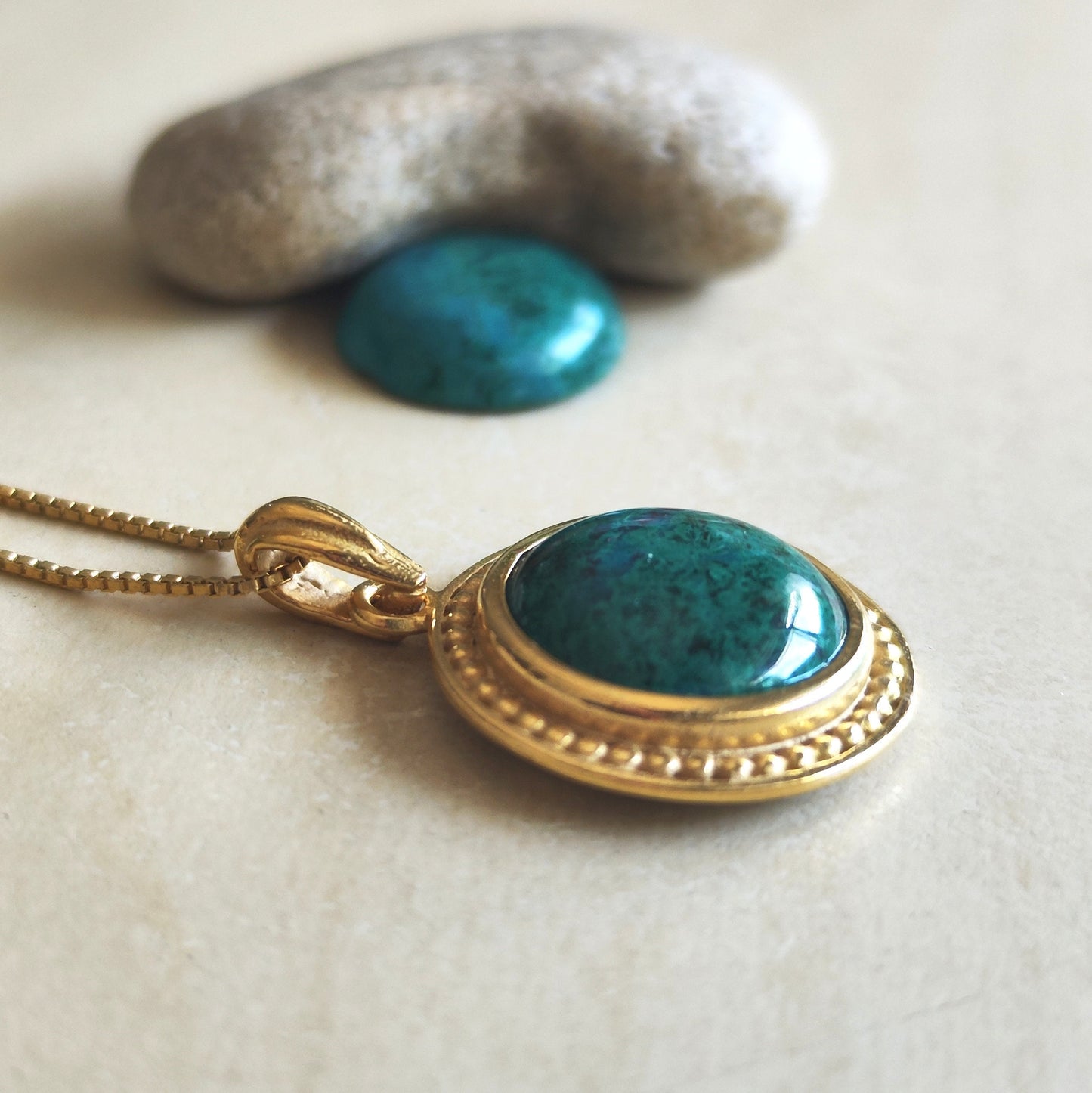Eilat Stone Gold Plated Necklace, Green Turquoise Pendant, King Solomon Mines stone, Israeli Jewelry, Chrysocolla Malachite mineral gemstone