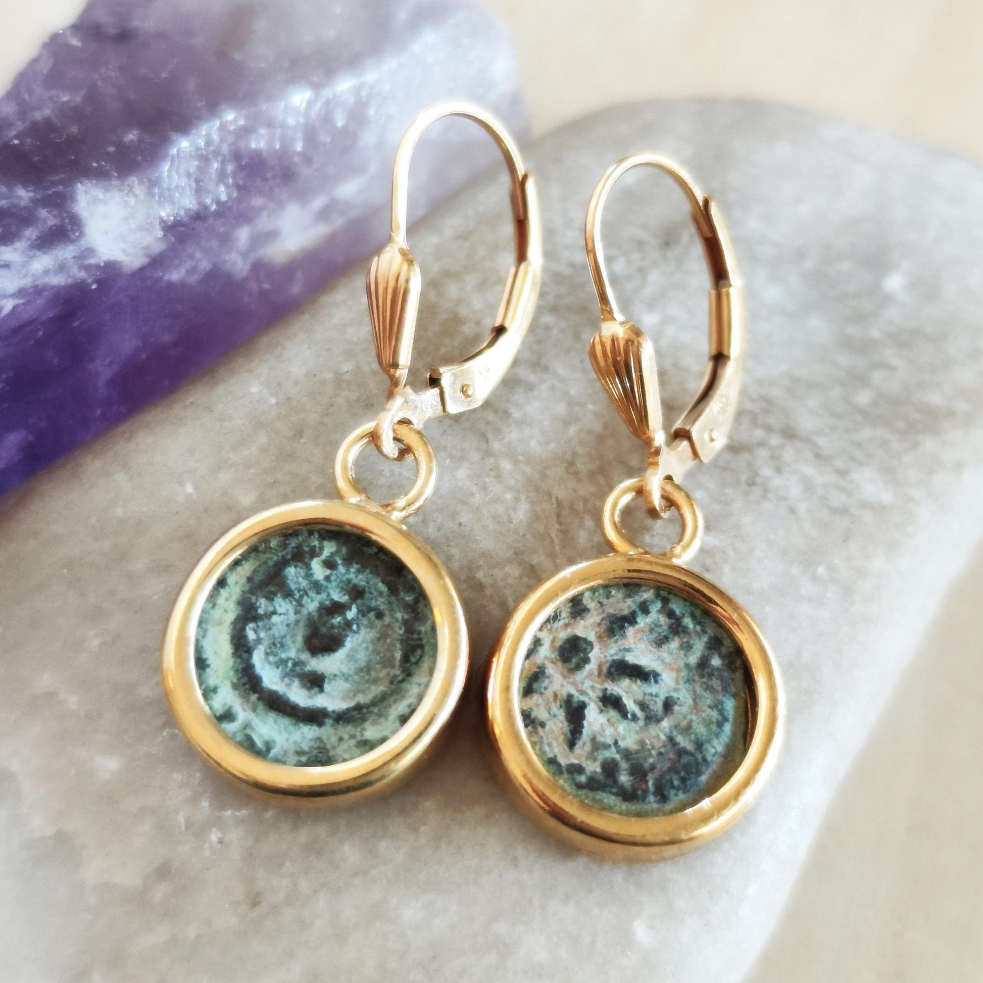 Ancient Biblical Coin Dangle Earrings: New Testament Widow's Mite set in 18K Gold Plated Sterling Silver Barr Designs