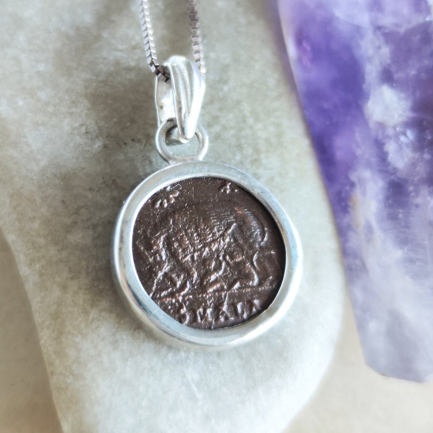 Antique Constantine She Wolf Coin Necklace, Ancient Roman Romulus & Remus Small Bronze Coin Pendant, Vintage Silver Medallion gift for him