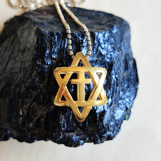 Star of David With Cross 3D necklace, Gold Plated Messianic Jewelry, Jewish Christian interfaith pendant