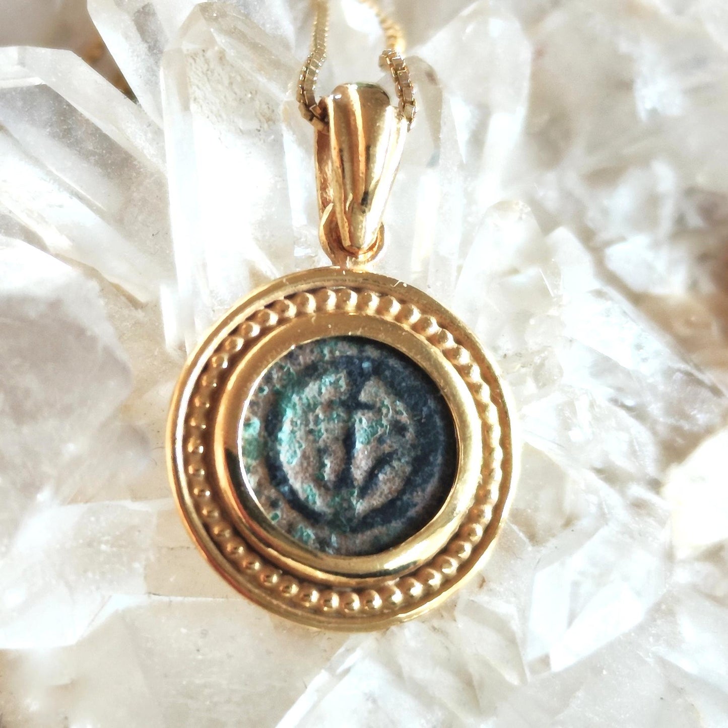 Antique widow's mite coin necklace, Biblical Coin Medallion, Ancient Judea bronze Prutah, Christian Jesus jewelry