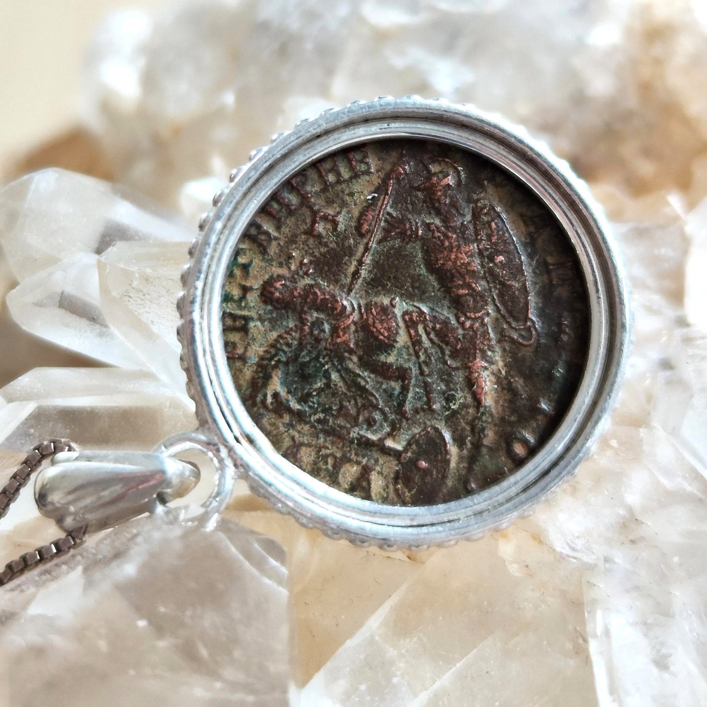 Ancient Roman coin Silver necklace, Certified bronze coin of Emperor Constantius pendant, women unisex medallion, Antique vintage jewelry