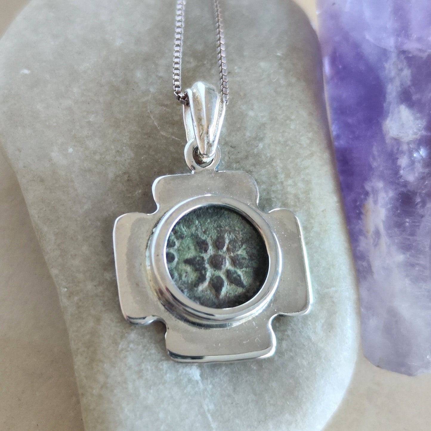 Christian Cross Necklace,  Antique Widow's Mite Coin Pendant, Jerusalem Jewelry Silver Pendant, Jesus Christ Coin, Christmas gift for Men