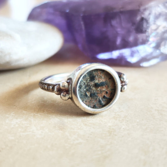 Ancient Biblical Coin Silver Ring, Antique widow's mite ring, Christian bronze coin band,  size 7.75 US , Christian gift idea for her
