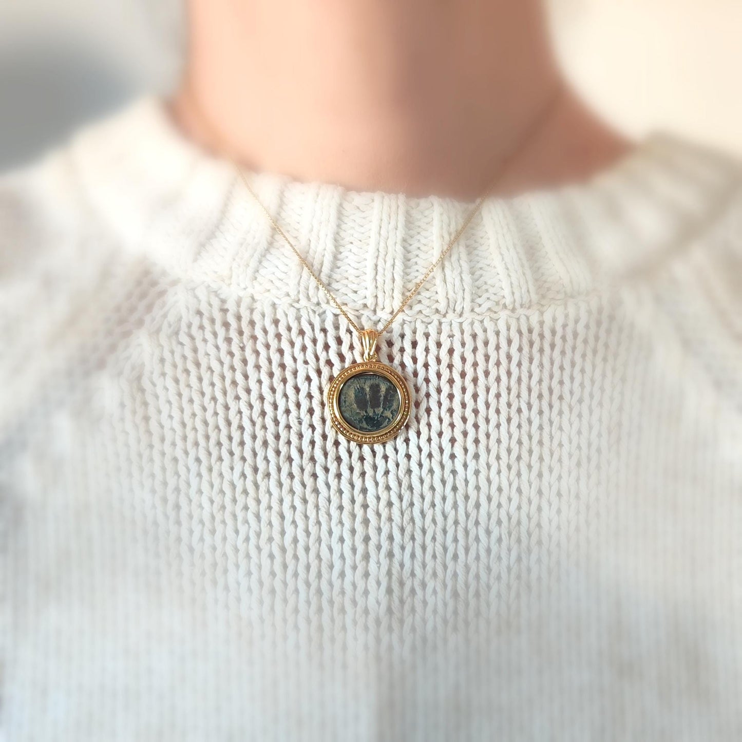 Ancient Roman Coin Gold Plated Necklace, King Herod Agrippa Bronze Coin, Vintage Coin Medallion, Jewish Judea Pendant, Women Coin Necklace