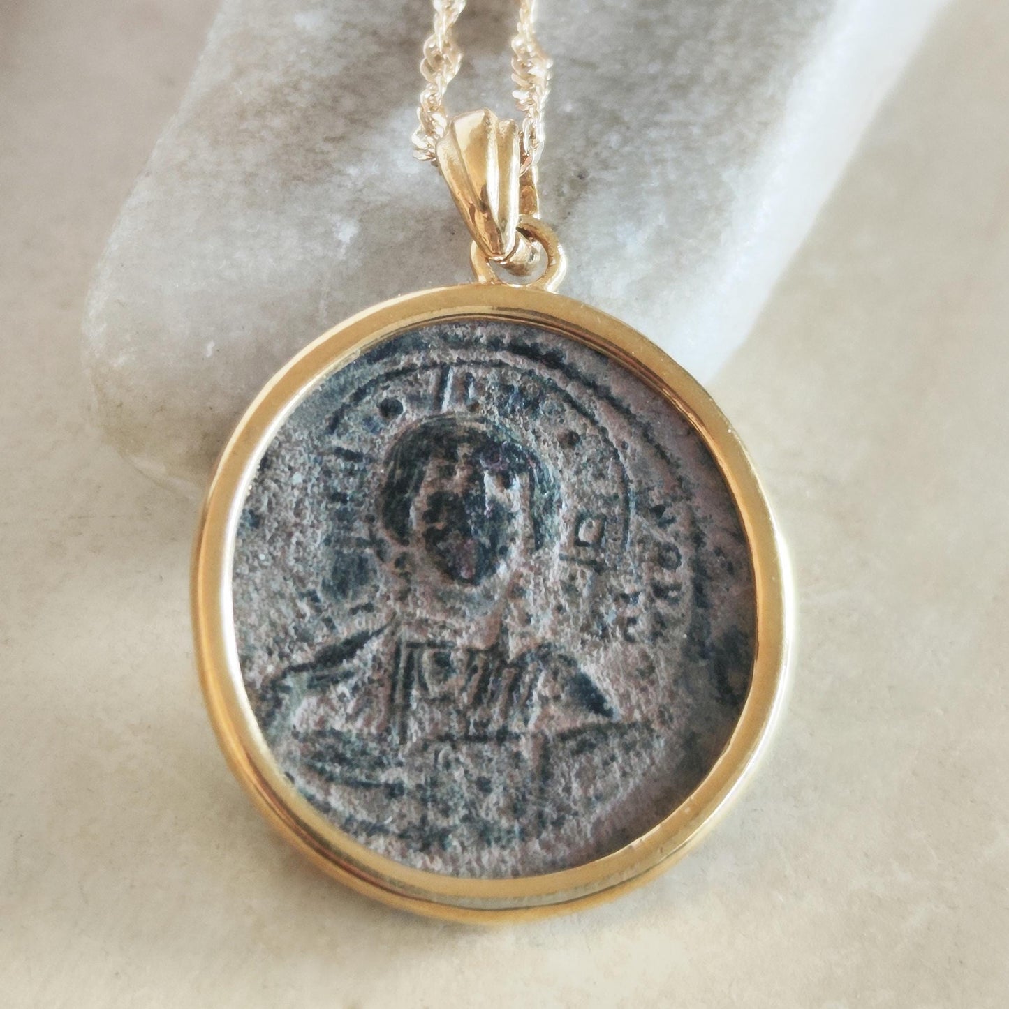 Jesus Christ Coin Pendant: Antique Byzantine Bronze Follis, Gold Plated Medallion Barr Designs