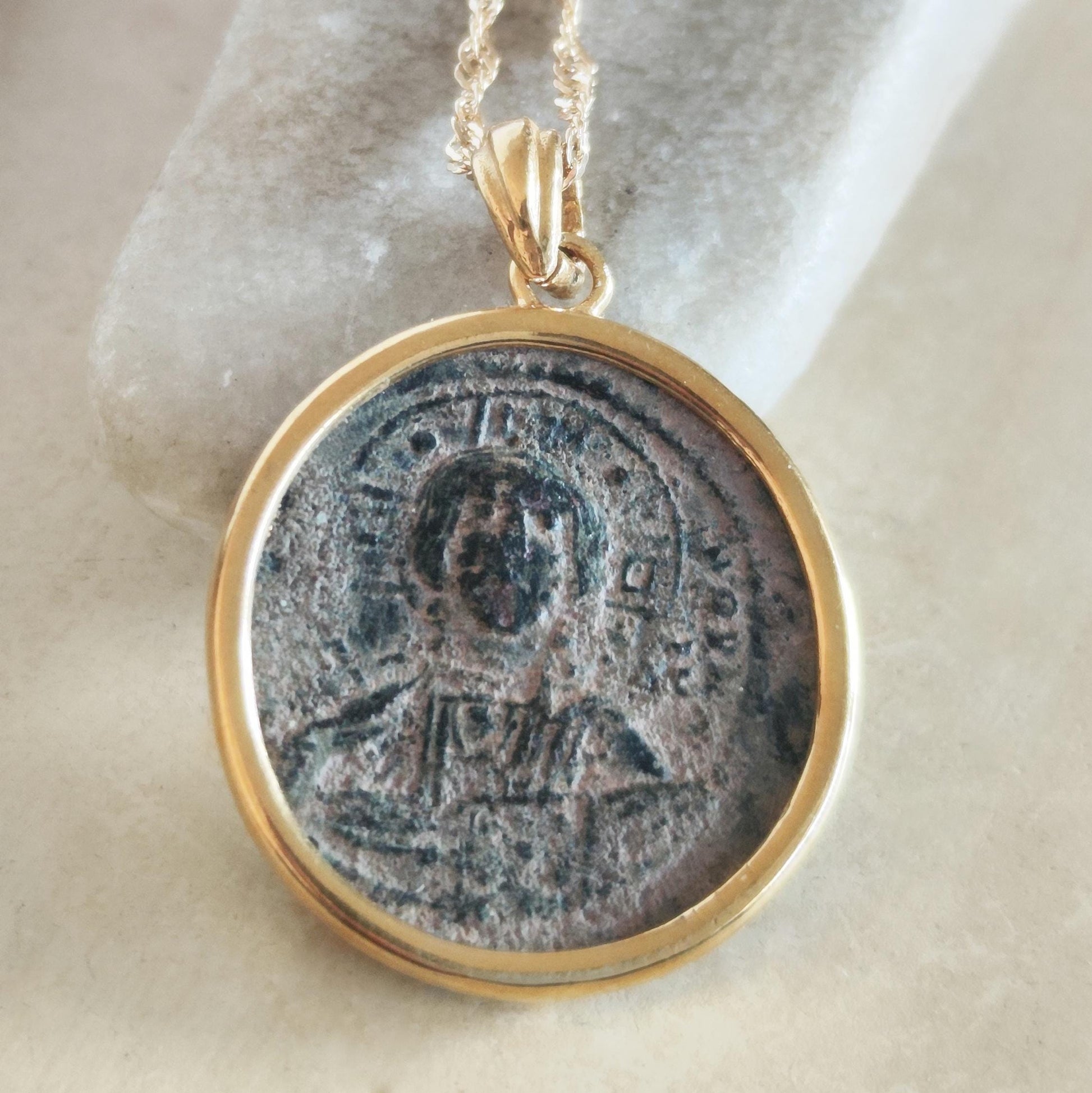 Jesus Christ Coin Pendant: Antique Byzantine Bronze Follis, Gold Plated Medallion Barr Designs