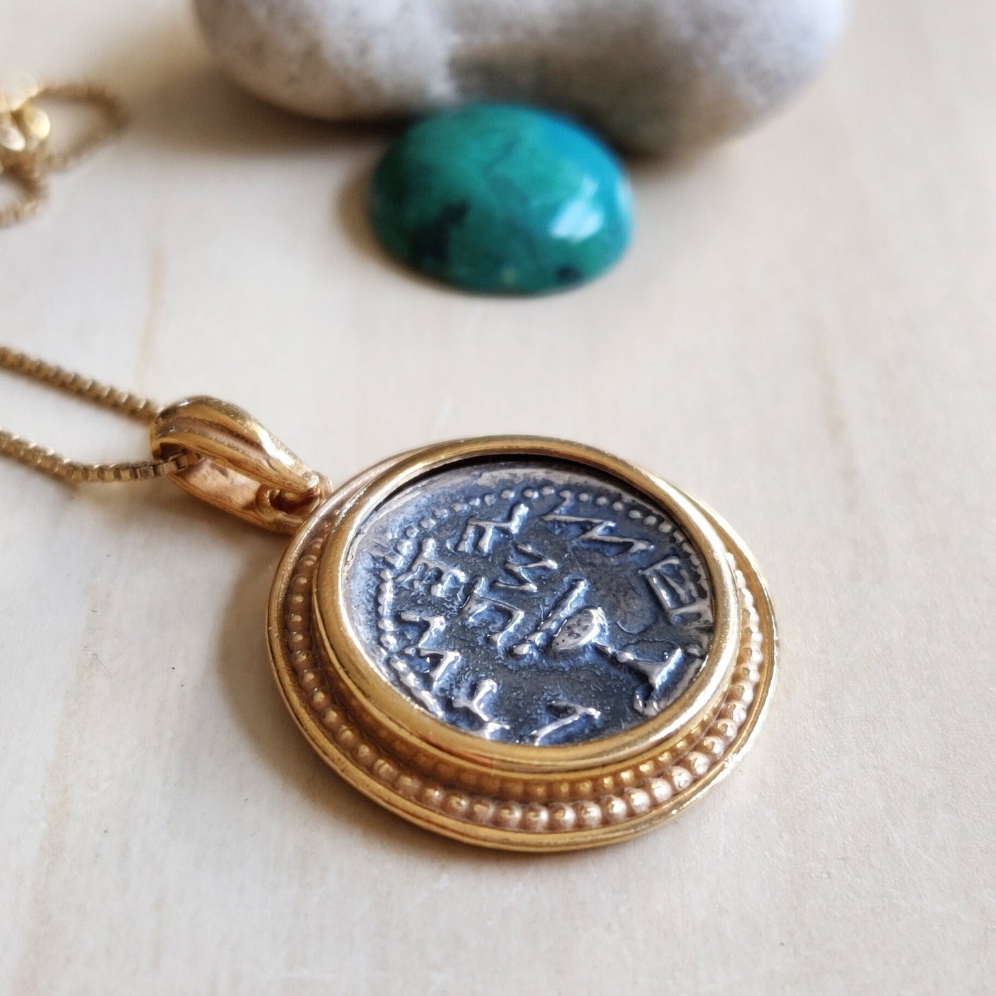 Ancient Silver Jewish Half shekel Coin Replica Necklace, Jewish Revolt Temple Tax Coin Pendant, gold plated Judaica, Christian men necklace