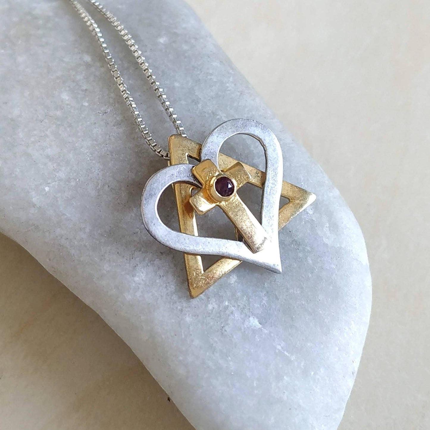 Silver and Gold Star of David cross necklace, interfaith Messianic Jewish Christian pendant, Red Ruby heart necklace, born again jewelry