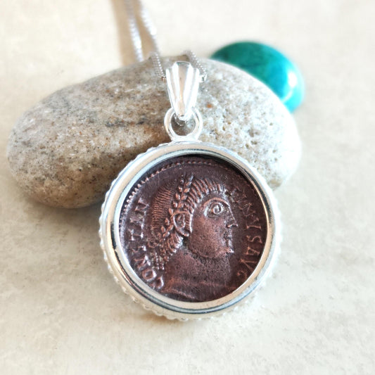 Roman Emperor Constantine The Great Coin Silver Necklace, Real Ancient Certified Bronze Coin Pendant, Men Unisex Gift Idea