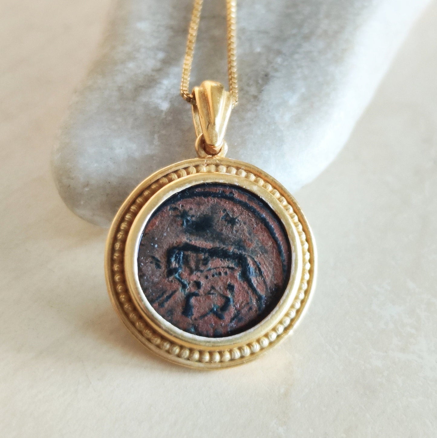 Romulus & Remus Coin Pendant: Genuine Roman Bronze, Gold Plated Sterling Silver Barr Designs