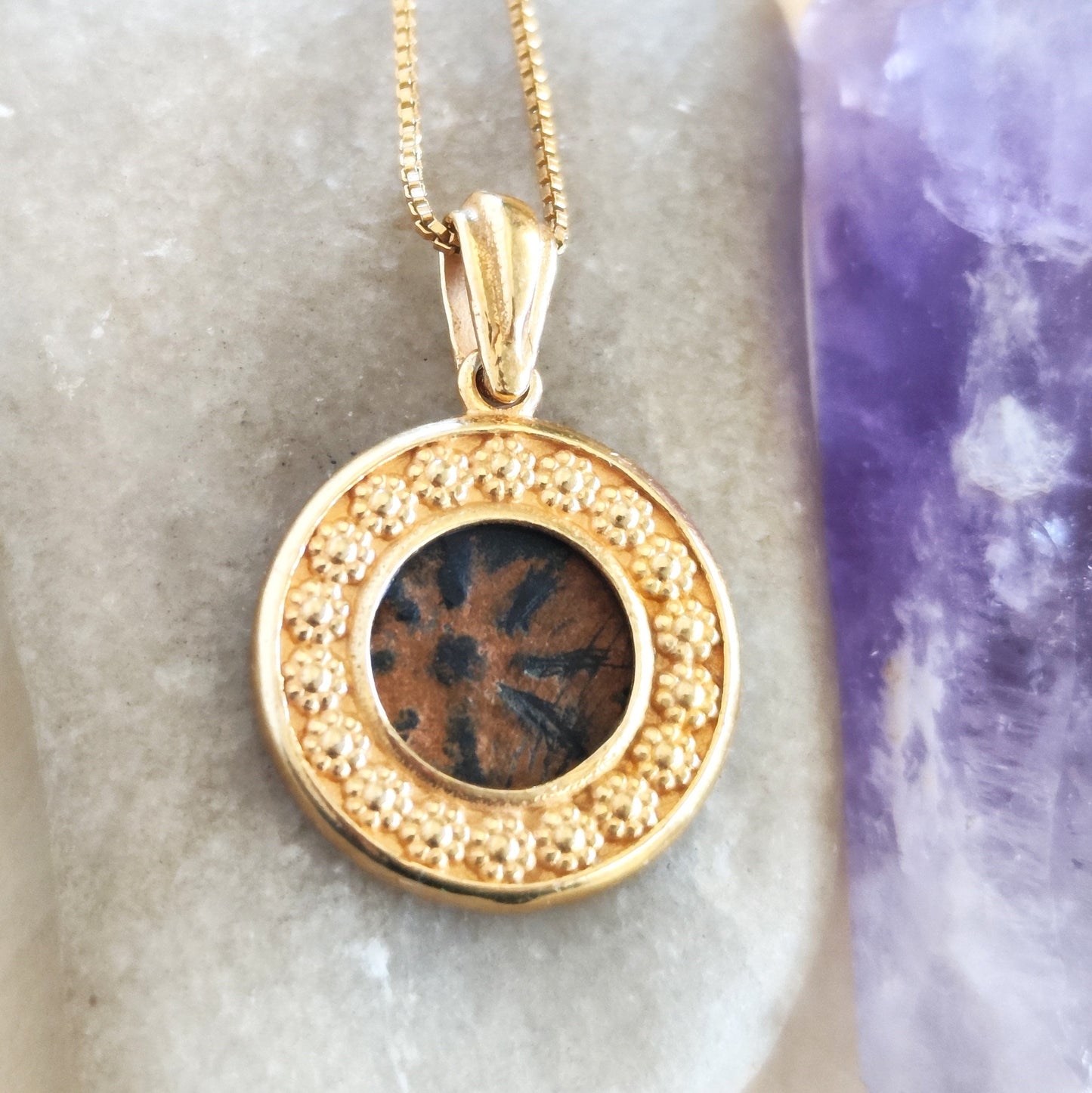 Widow's Mite Coin Gold Plated Pendant, Ancient Biblical Coin Necklace, Flower Nature Jewelry, Christian Gift Idea, Antique Vintage Style