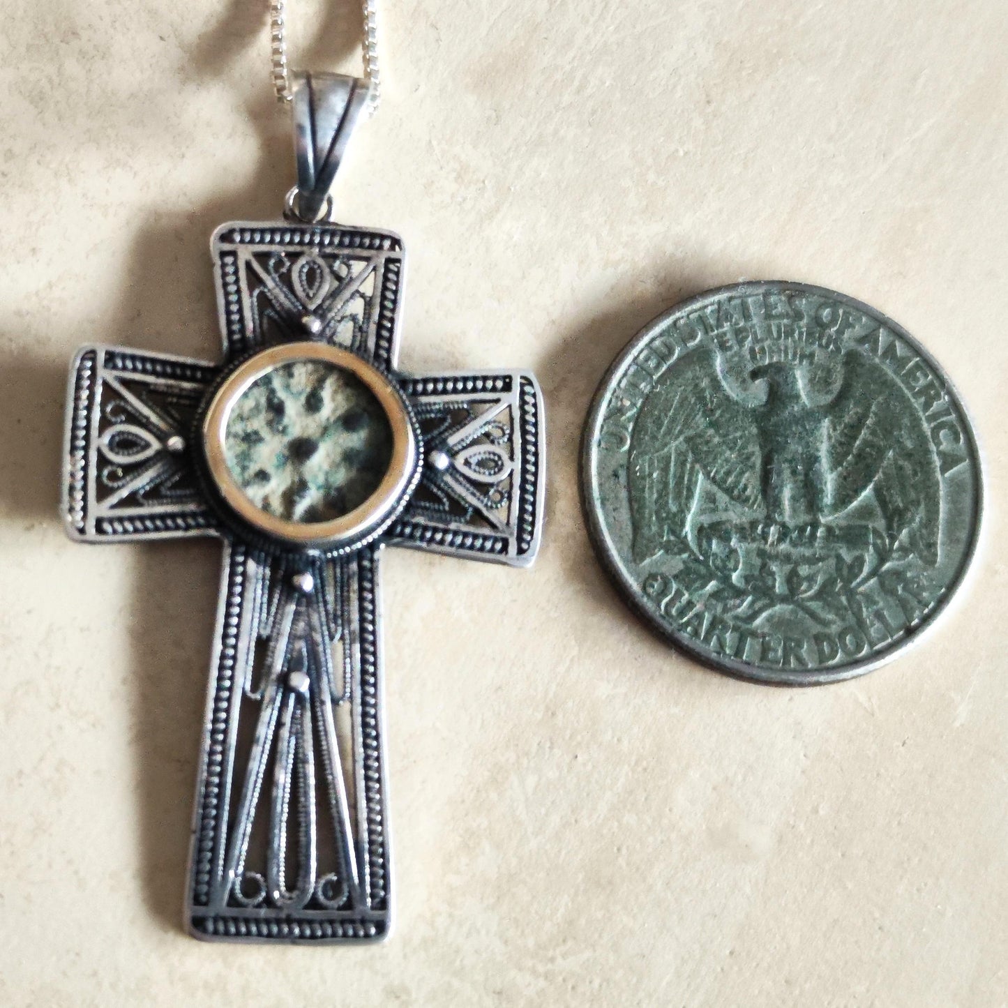 Widow Mite Coin Filigree Cross Silver Pendant, Vintage Style Large Christian Necklace, Antique Jesus Coin Gift