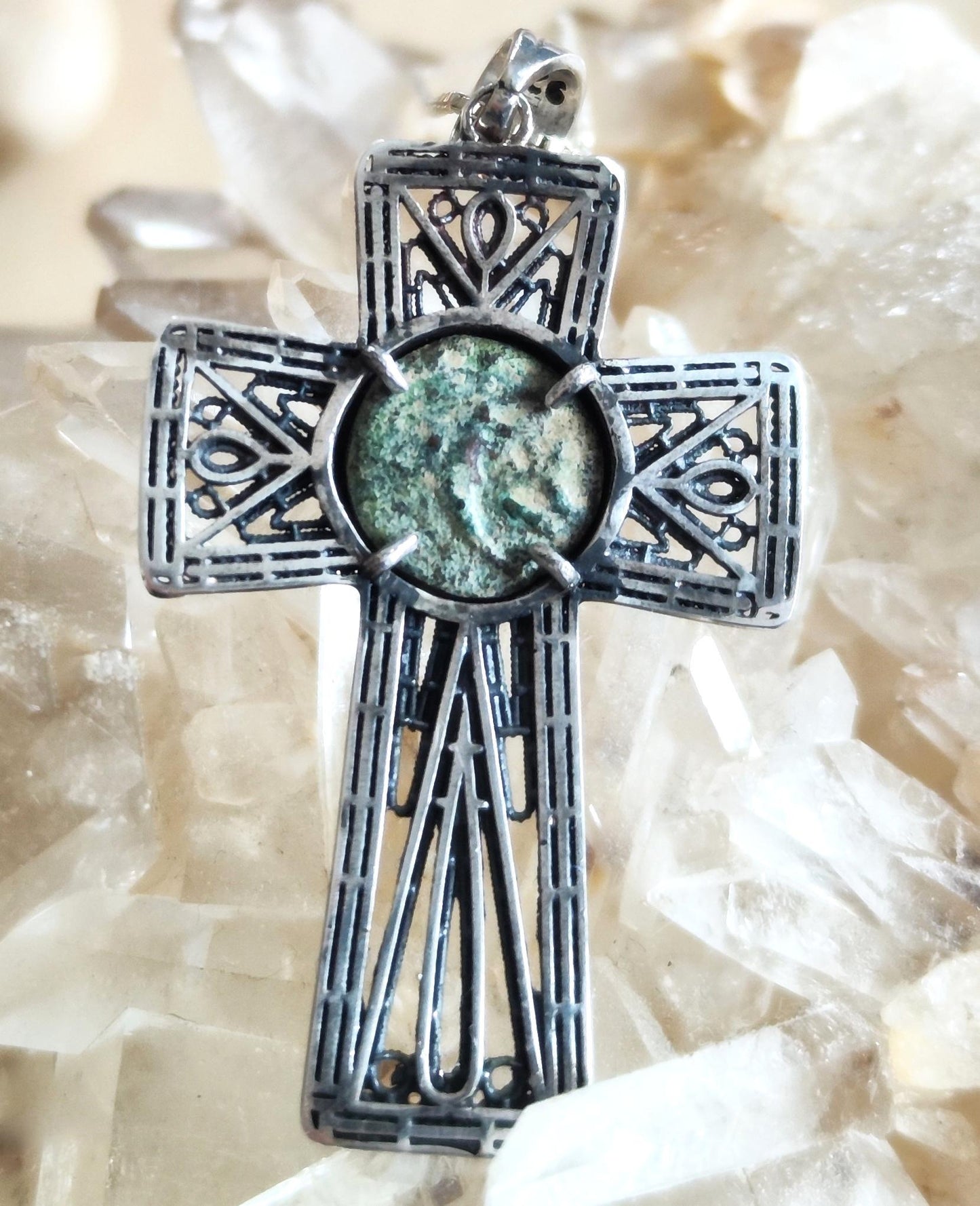 Widow Mite Coin Filigree Cross Silver Pendant, Vintage Style Large Christian Necklace, Antique Jesus Coin Gift