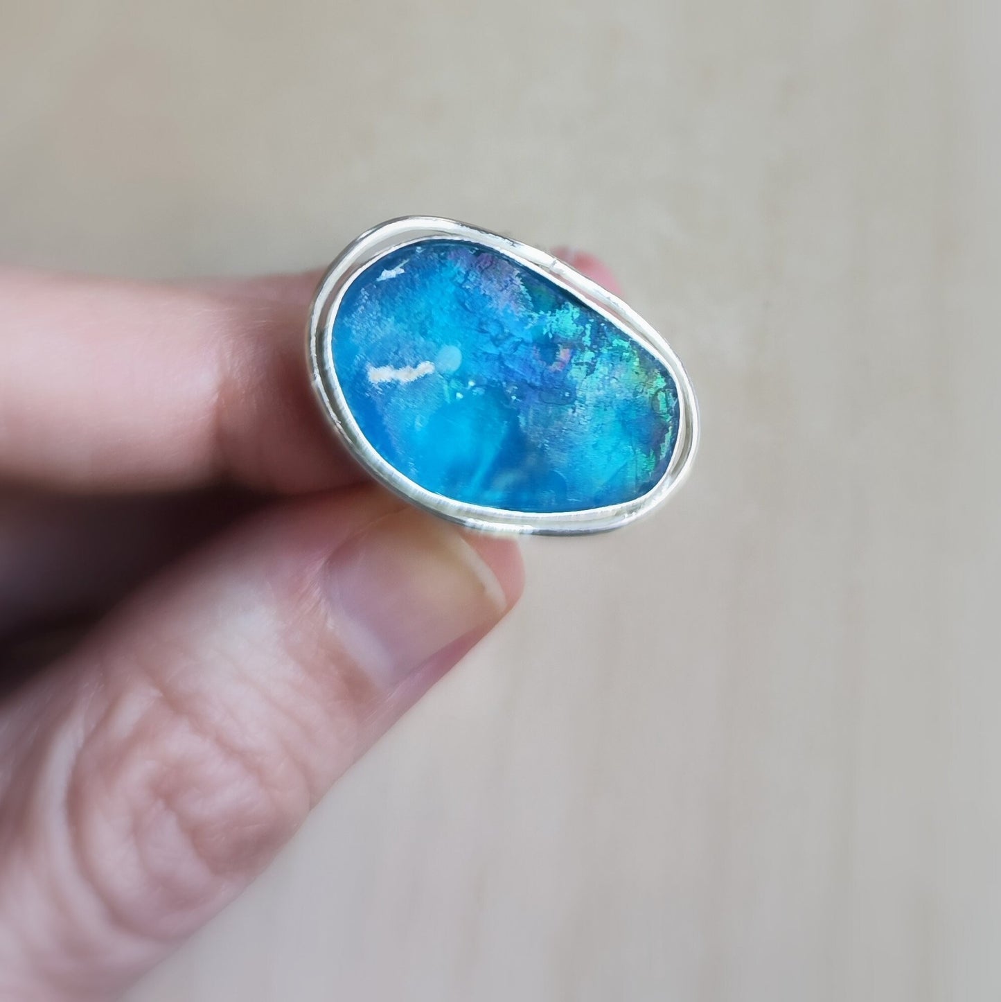 Ancient Glass Solitaire Ring, Natural Antique Roman Glass Adjustable Silver Ring, Blue Purple Patina Glass ring, Statement Solitaire Ring