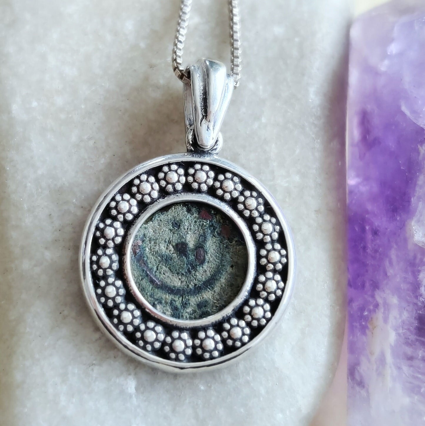 Christian Silver Necklace, Widow's Mite Coin Pendant, Jesus Ancient Jewelry, vintage style necklace, Flower nature pendant, Israeli jewelry