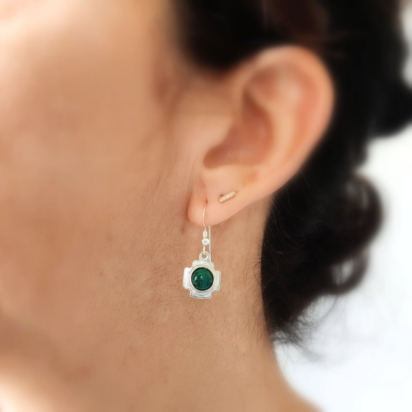 Christian Cross with Eilat Stone Earrings, Green Silver Dangle earrings, King Solomon Stone, Holy Land Gift for Her