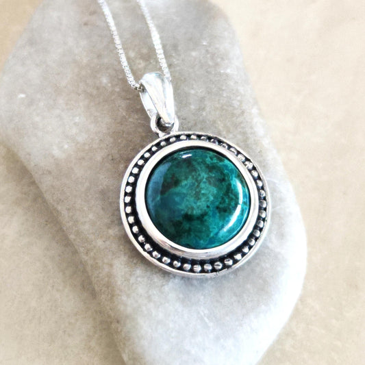 Multicolor Eilat Stone Silver Pendant, Turquoise Green gemstone jewelry, Round cabochon Blue necklace, Israeli jewelry, King Solomon Stone
