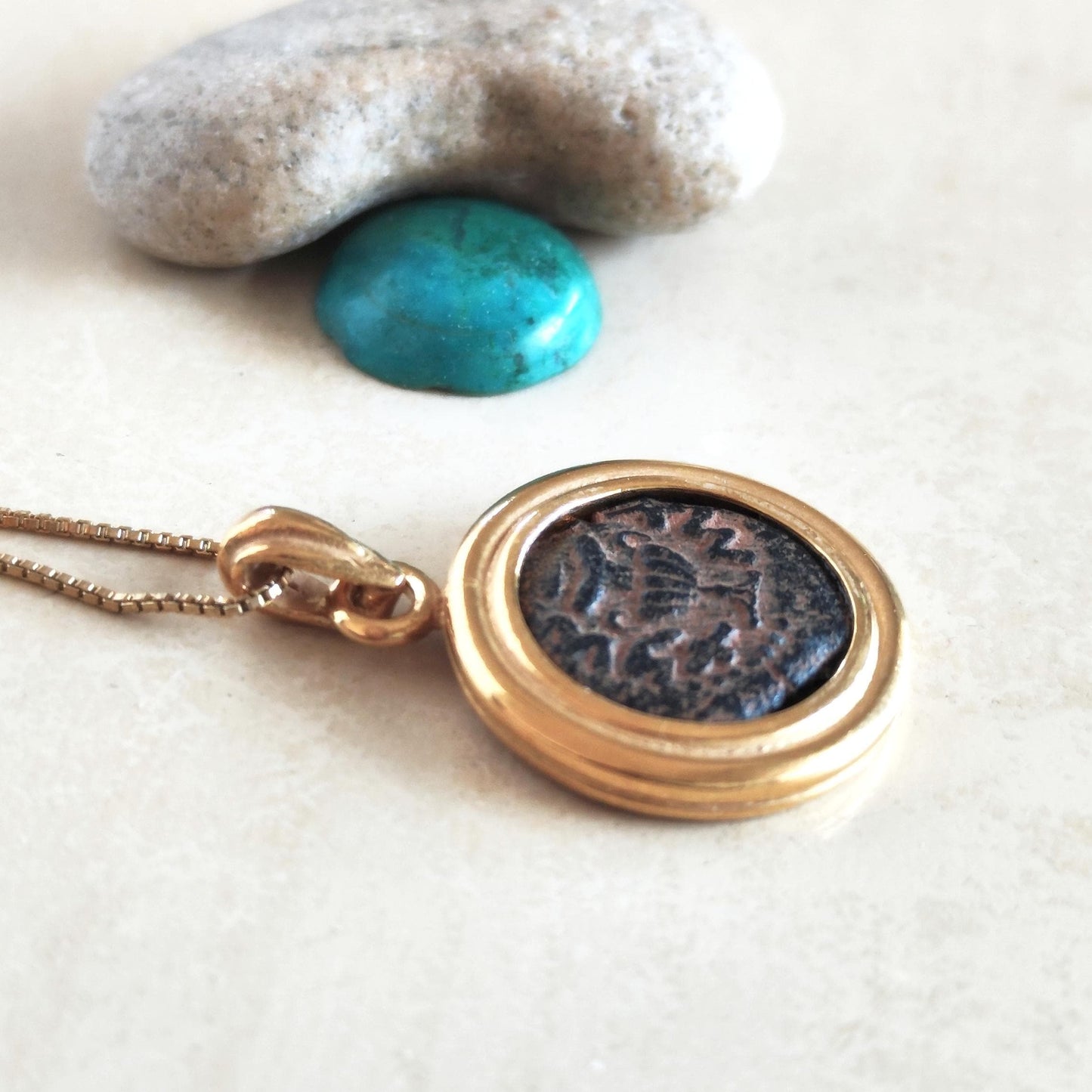 Ancient Masada Coin necklace, First Jewish Revolt Real Bronze Prutah Pendant, Jerusalem Second Temple coin, Roman Amphora Grape Leaf